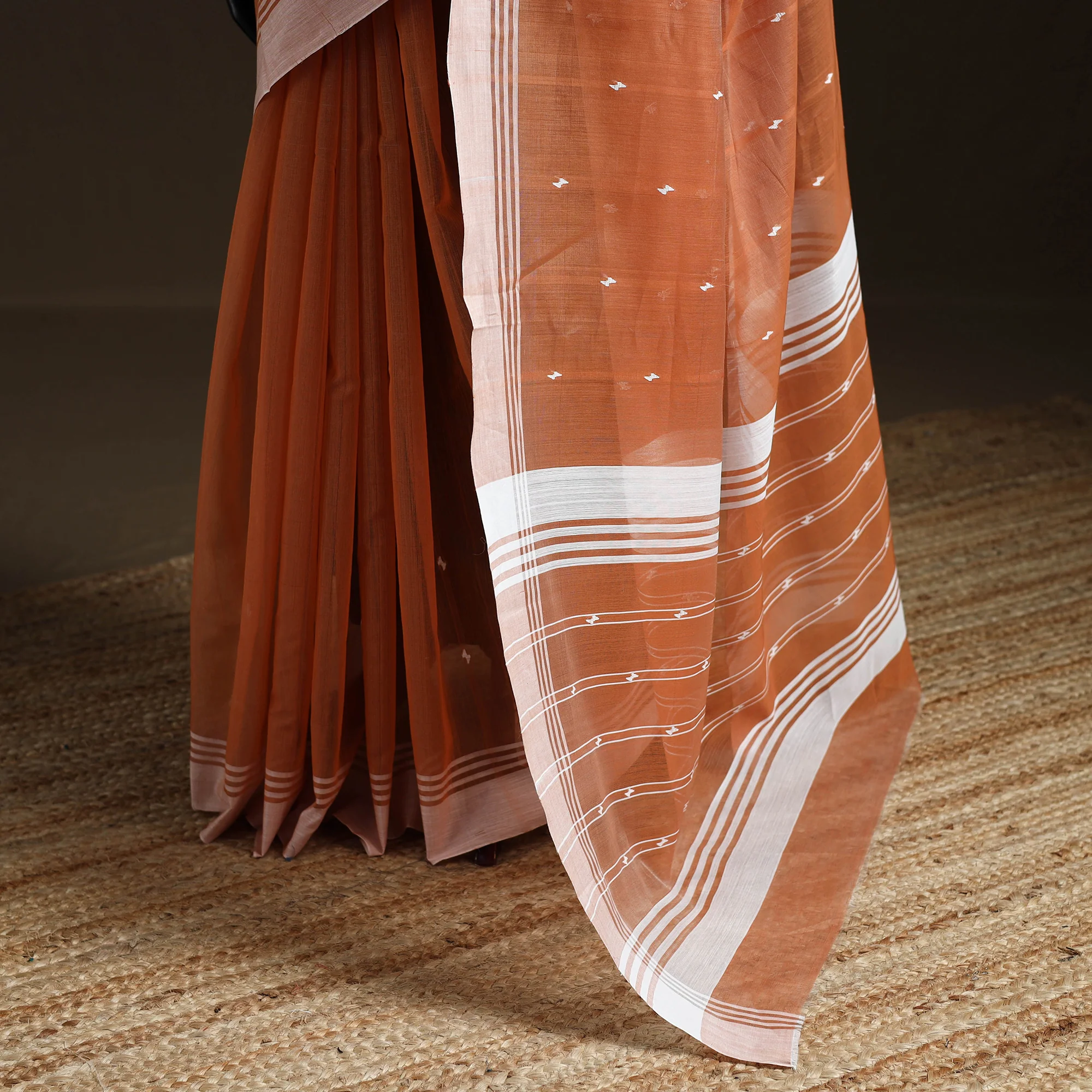 Orange - Pure Handloom Cotton Thread Buti Chanderi Saree 12 - Image 4