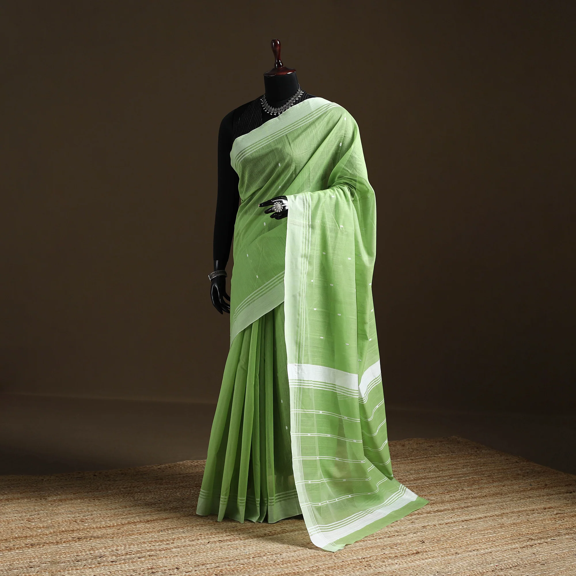 Green - Pure Handloom Cotton Thread Buti Chanderi Saree 14