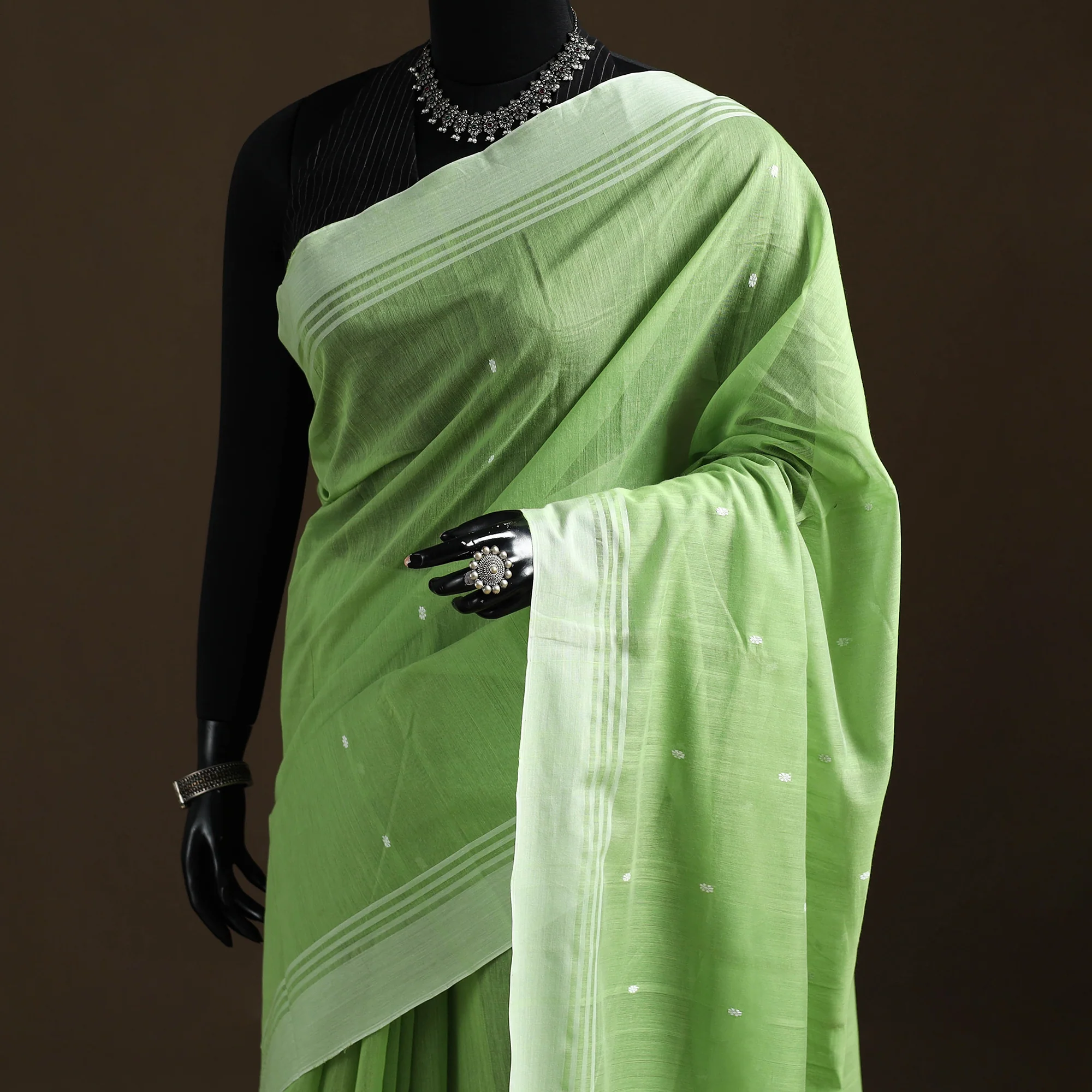 Green - Pure Handloom Cotton Thread Buti Chanderi Saree 14 - Image 2