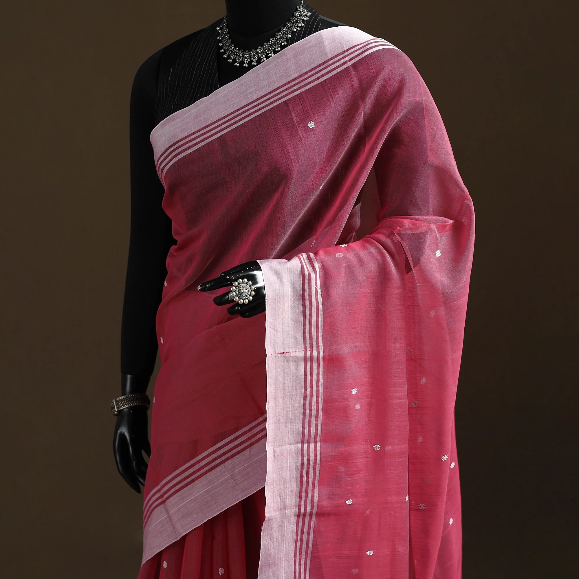 Pink - Pure Handloom Cotton Thread Buti Chanderi Saree 15 - Image 2