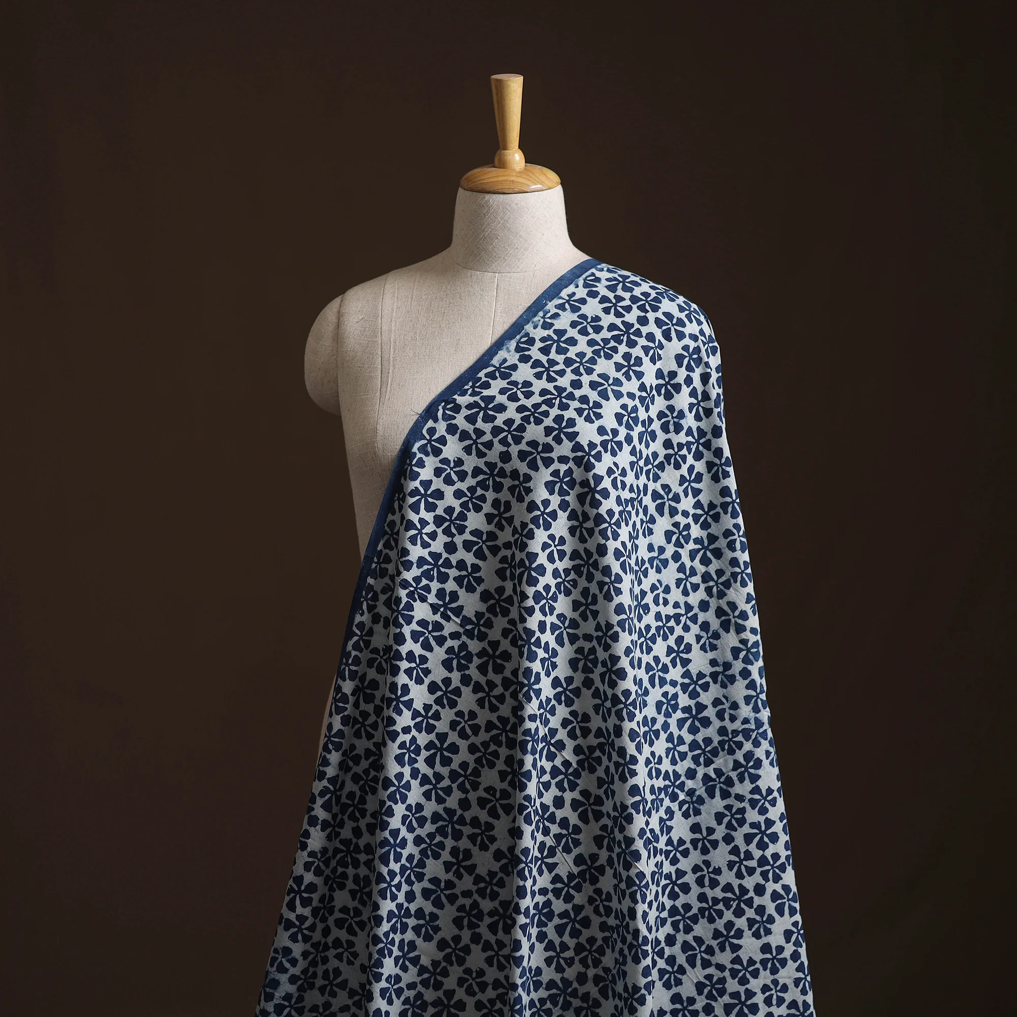 White - Pure Mul Cotton Bagru Indigo Hand Block Print Natural Dyed Fabric 09