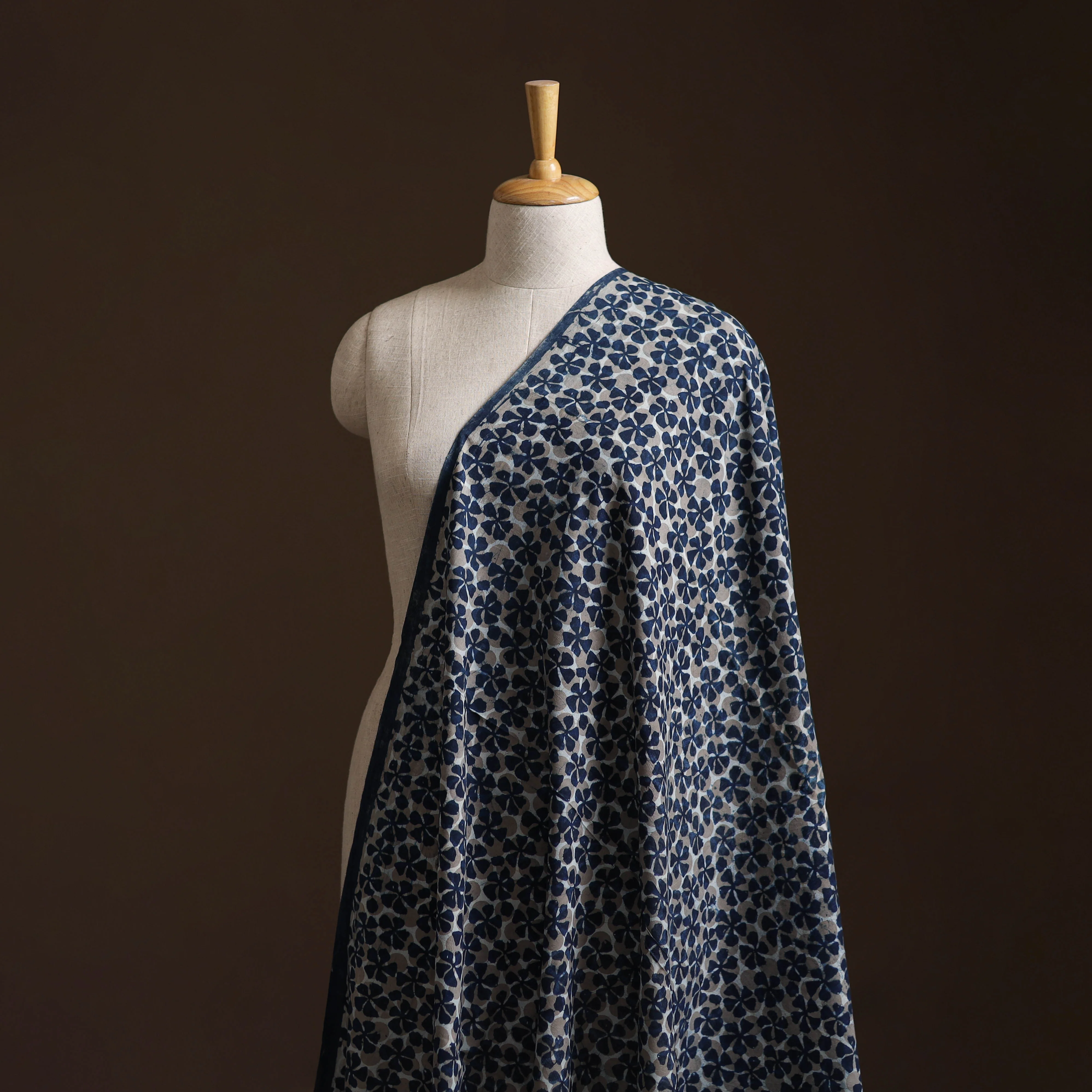 Grey - Gray - Pure Mul Cotton Bagru Indigo Hand Block Print Natural Dyed Fabric 16