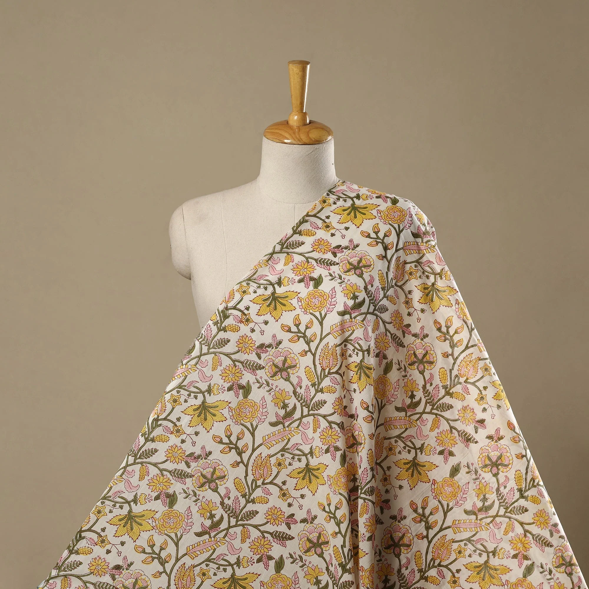 Yellow - Pure Mul Cotton Hand Block Sanganeri Print Fabric 06