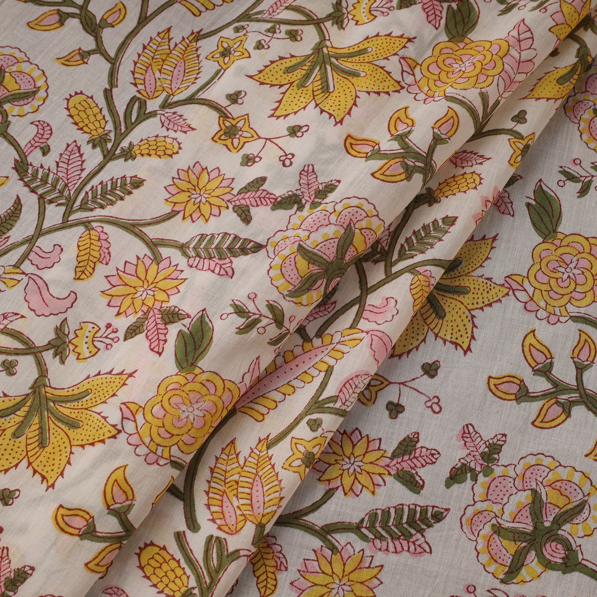 Yellow - Pure Mul Cotton Hand Block Sanganeri Print Fabric 06 - Image 2