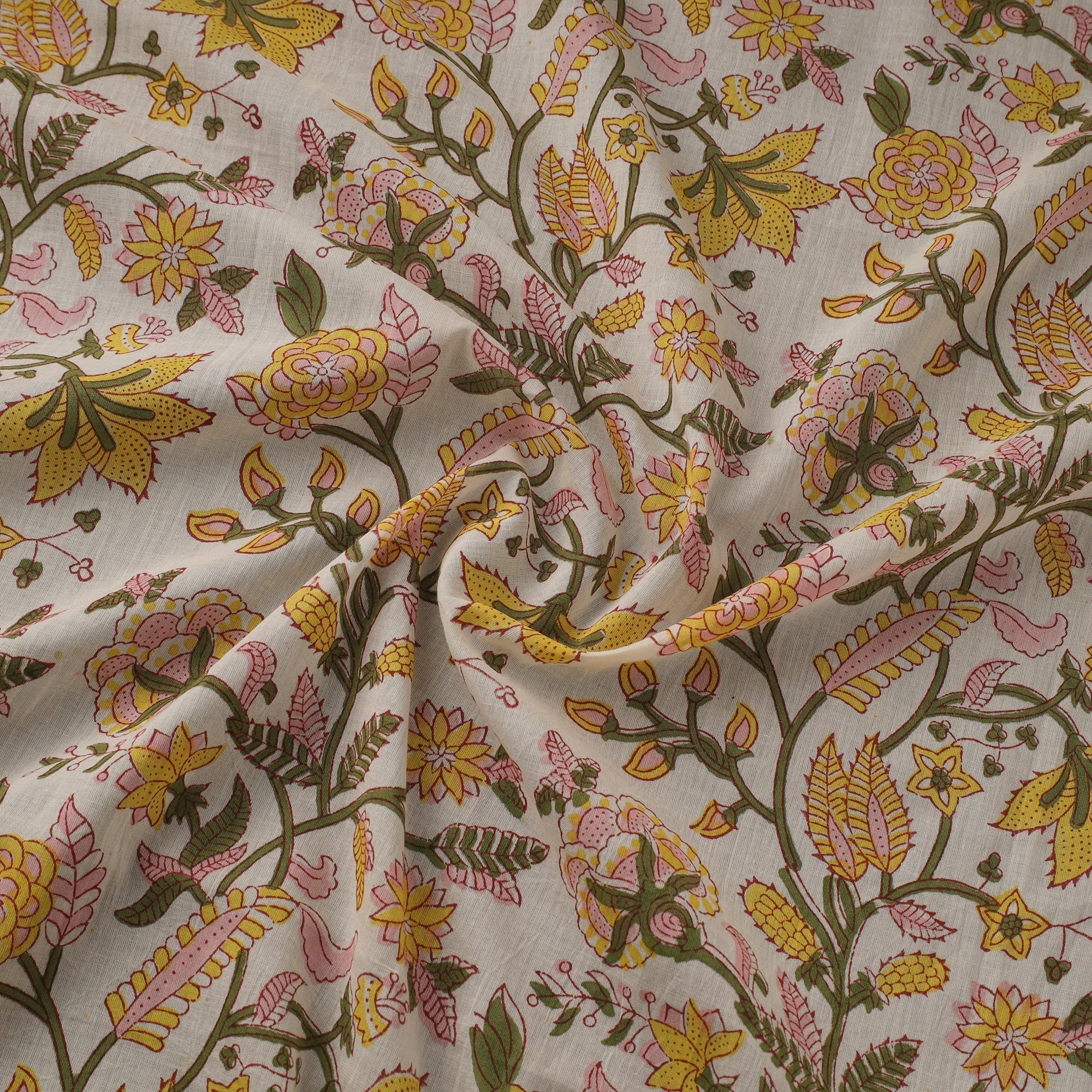 Yellow - Pure Mul Cotton Hand Block Sanganeri Print Fabric 06 - Image 3