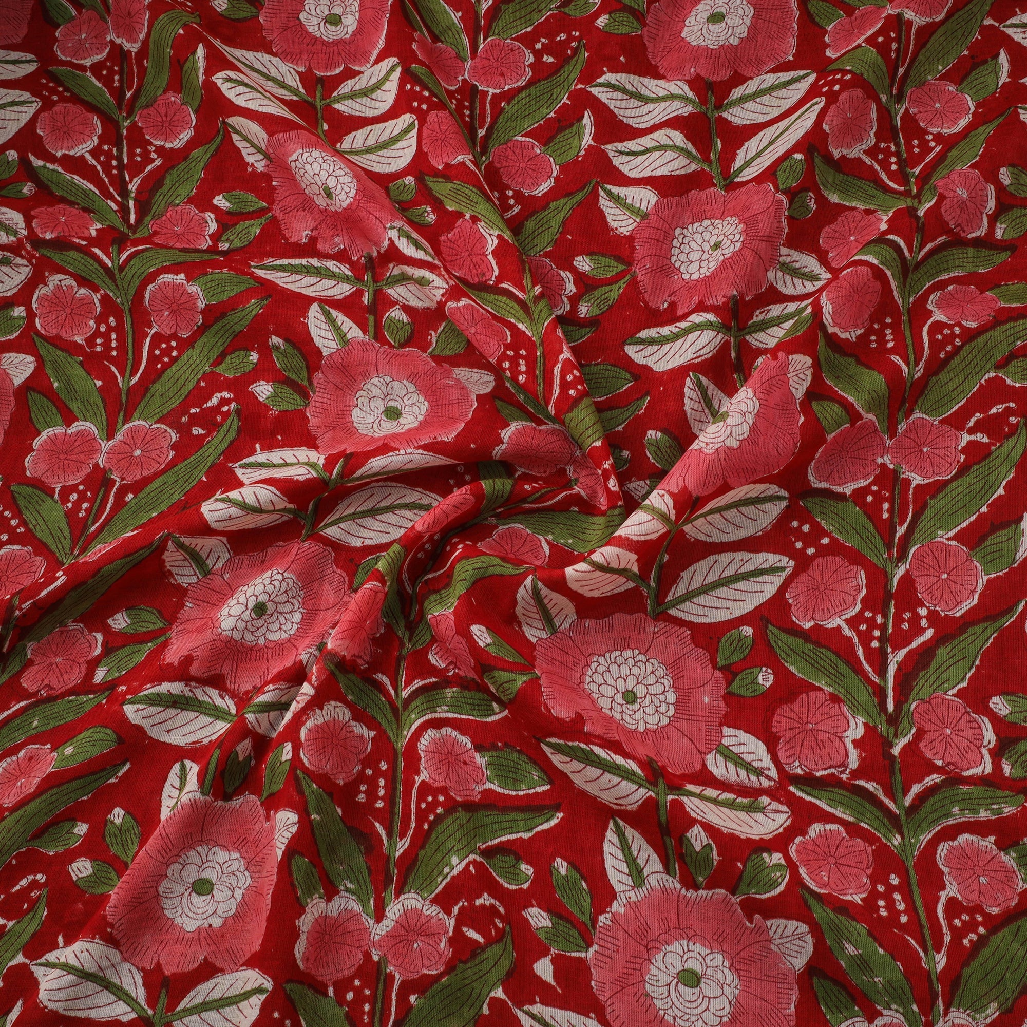 Red - Pure Mul Cotton Hand Block Sanganeri Print Fabric 08 - Image 3
