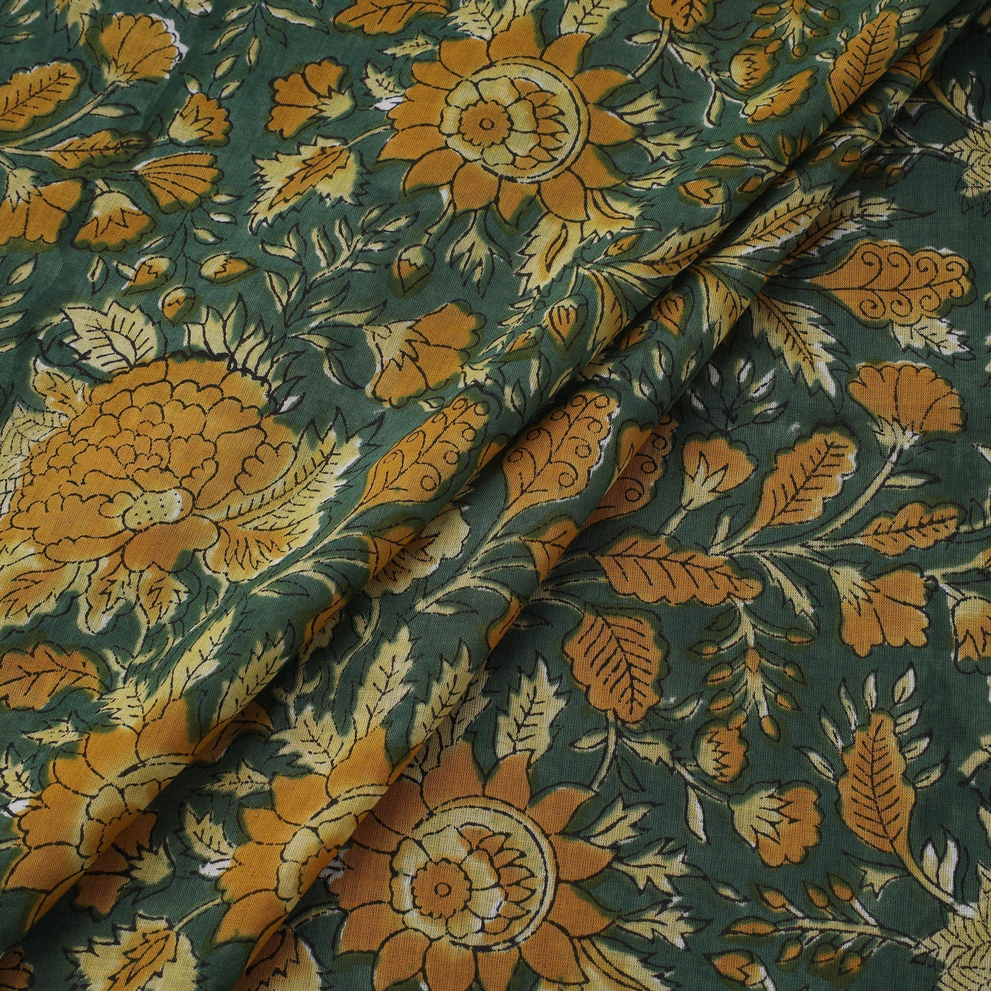 Green - Pure Mul Cotton Hand Block Sanganeri Print Fabric 11 - Image 2