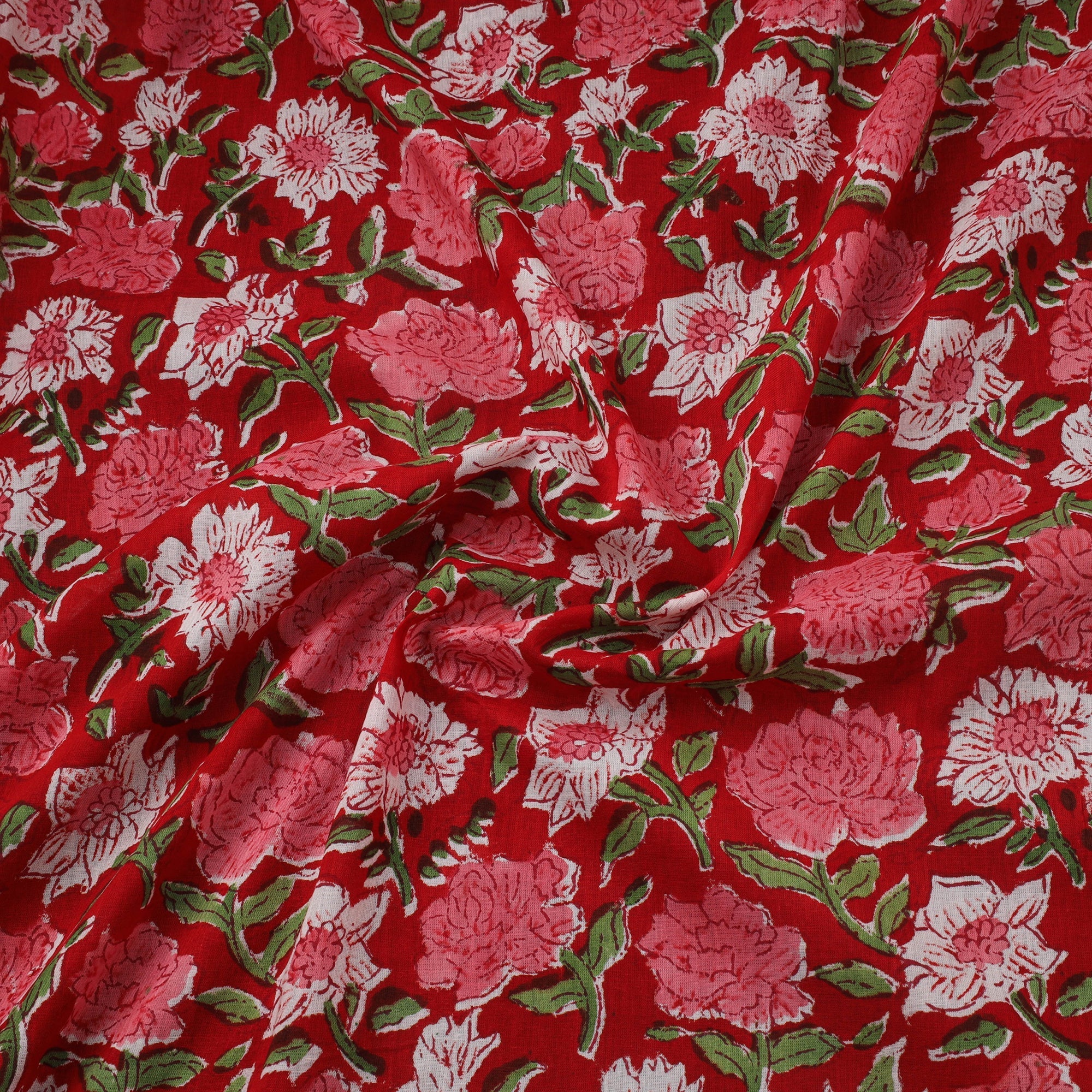Red - Pure Mul Cotton Hand Block Sanganeri Print Fabric 12 - Image 3