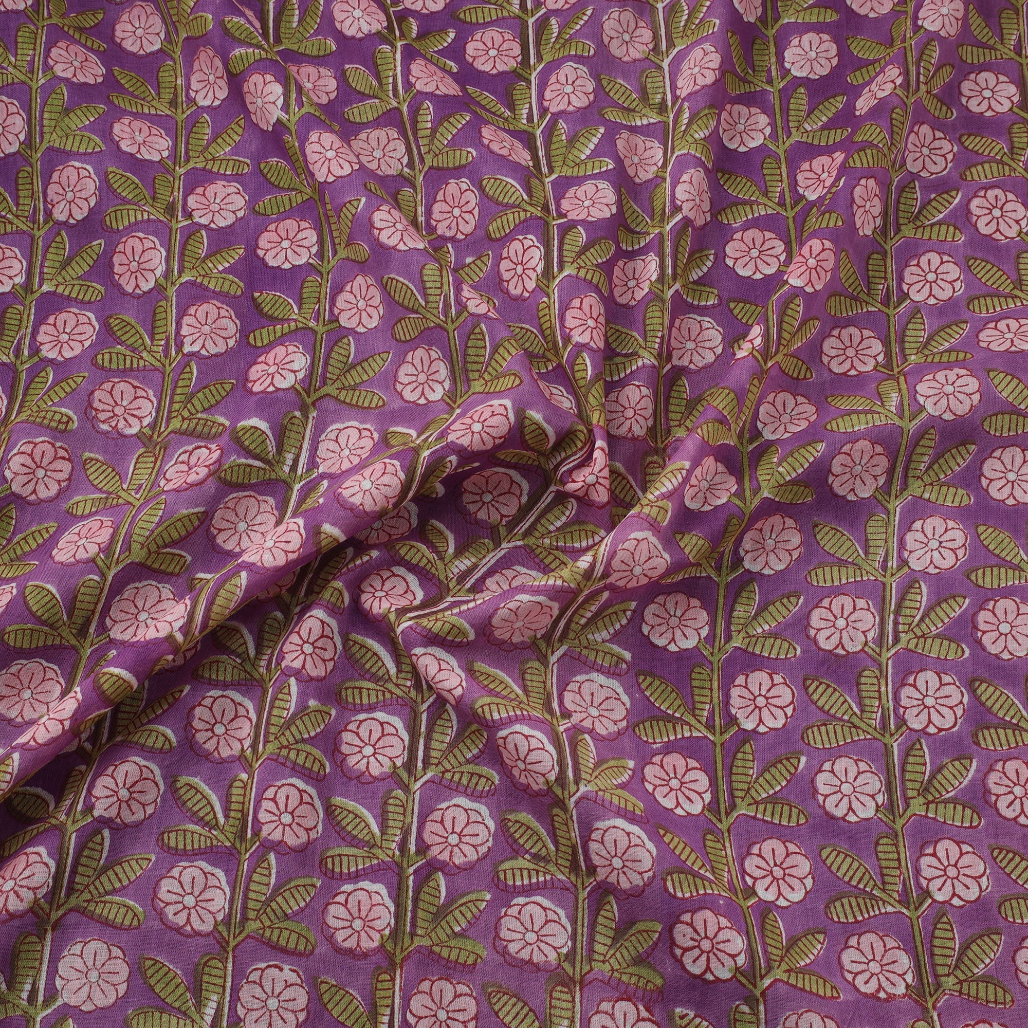 Purple - Pure Mul Cotton Hand Block Sanganeri Print Fabric 13 - Image 3