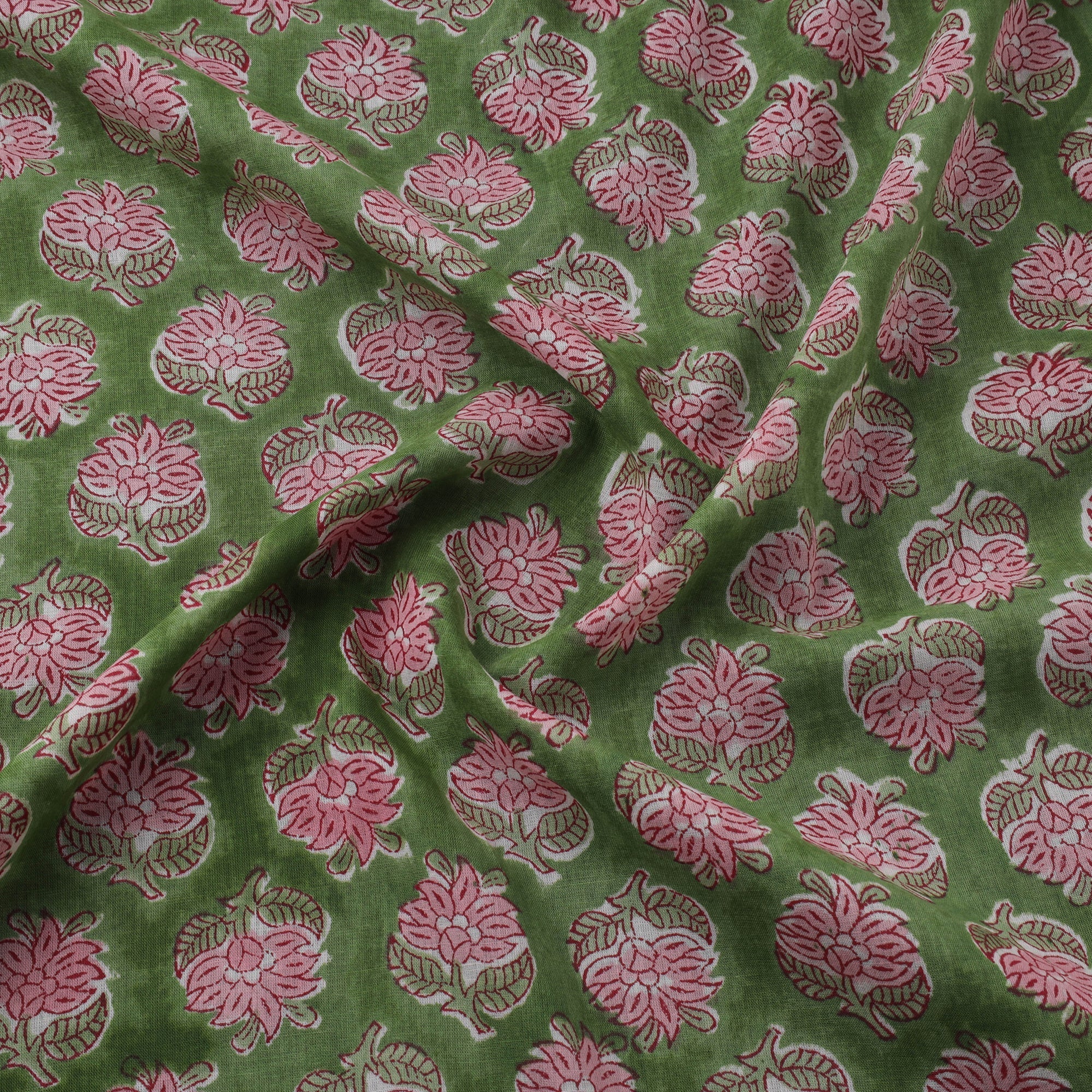 Green - Pure Mul Cotton Hand Block Sanganeri Print Fabric 15 - Image 3