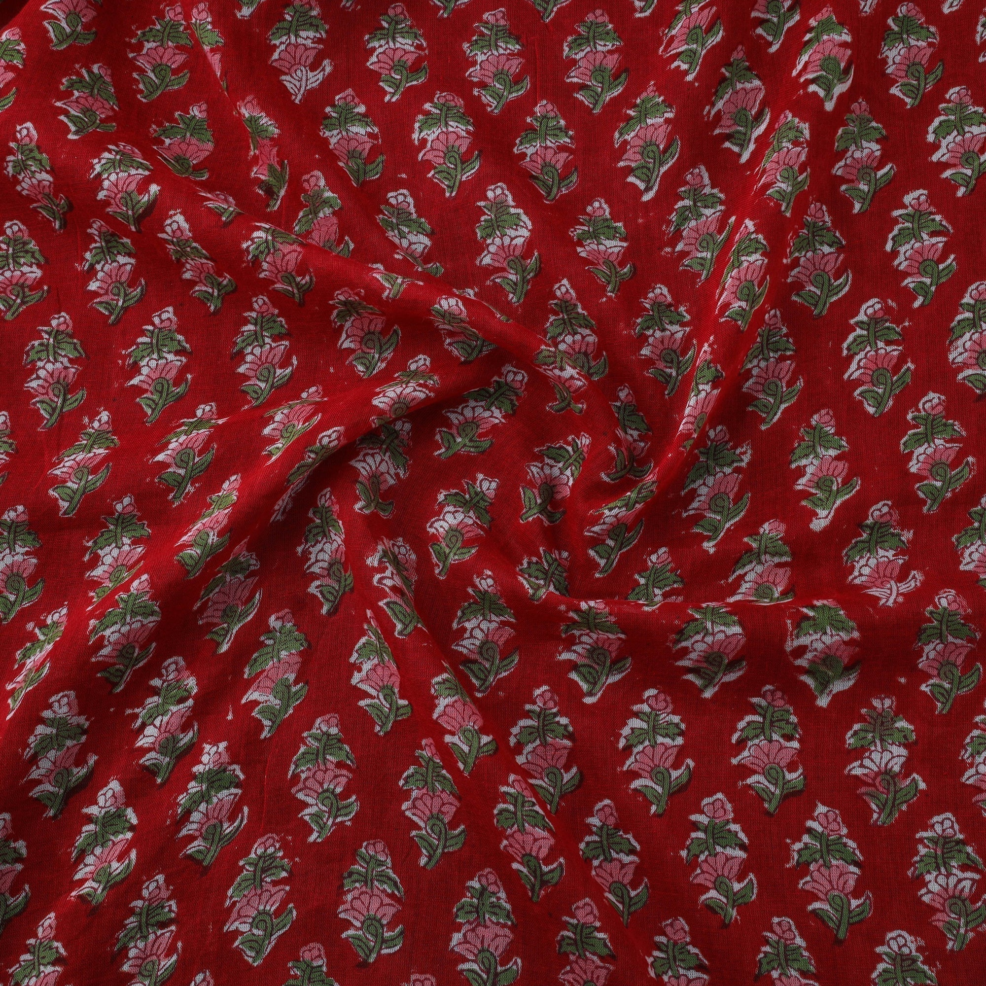 Red - Pure Mul Cotton Hand Block Sanganeri Print Fabric 16 - Image 3
