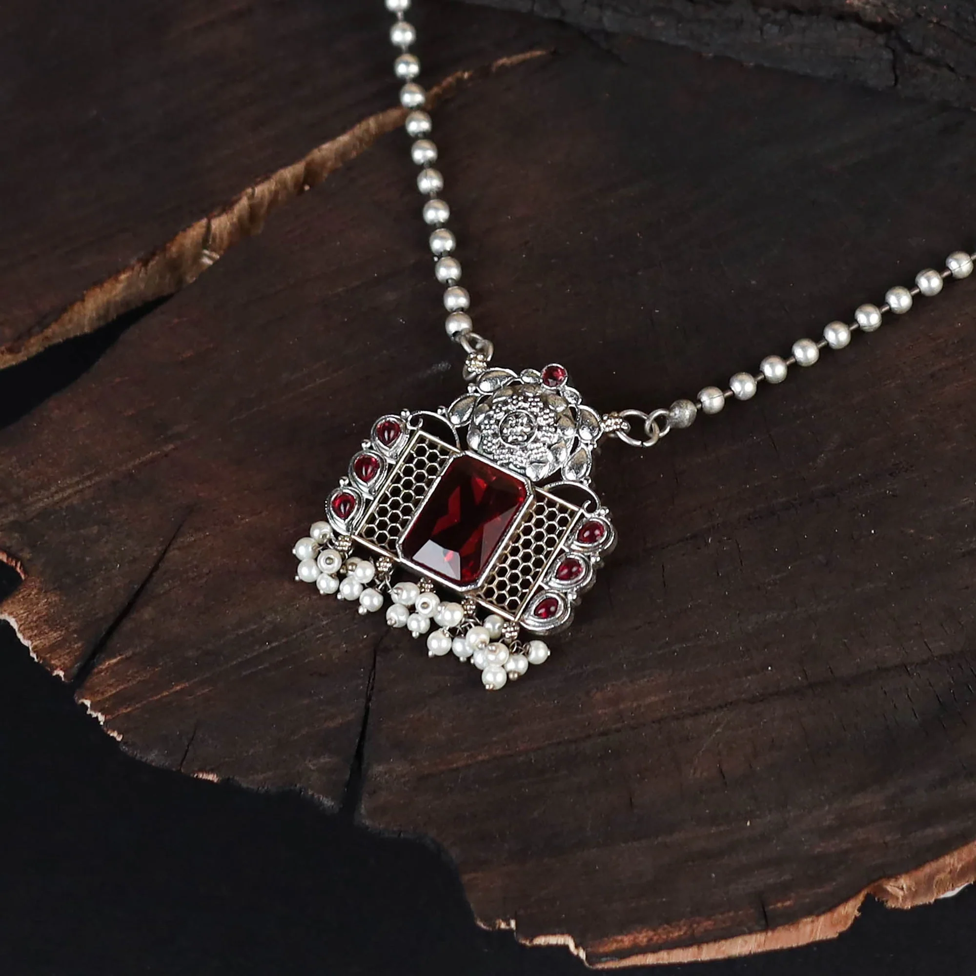 Red - Saanjh Saaj Classic German Silver Necklace Set 41 - Image 3