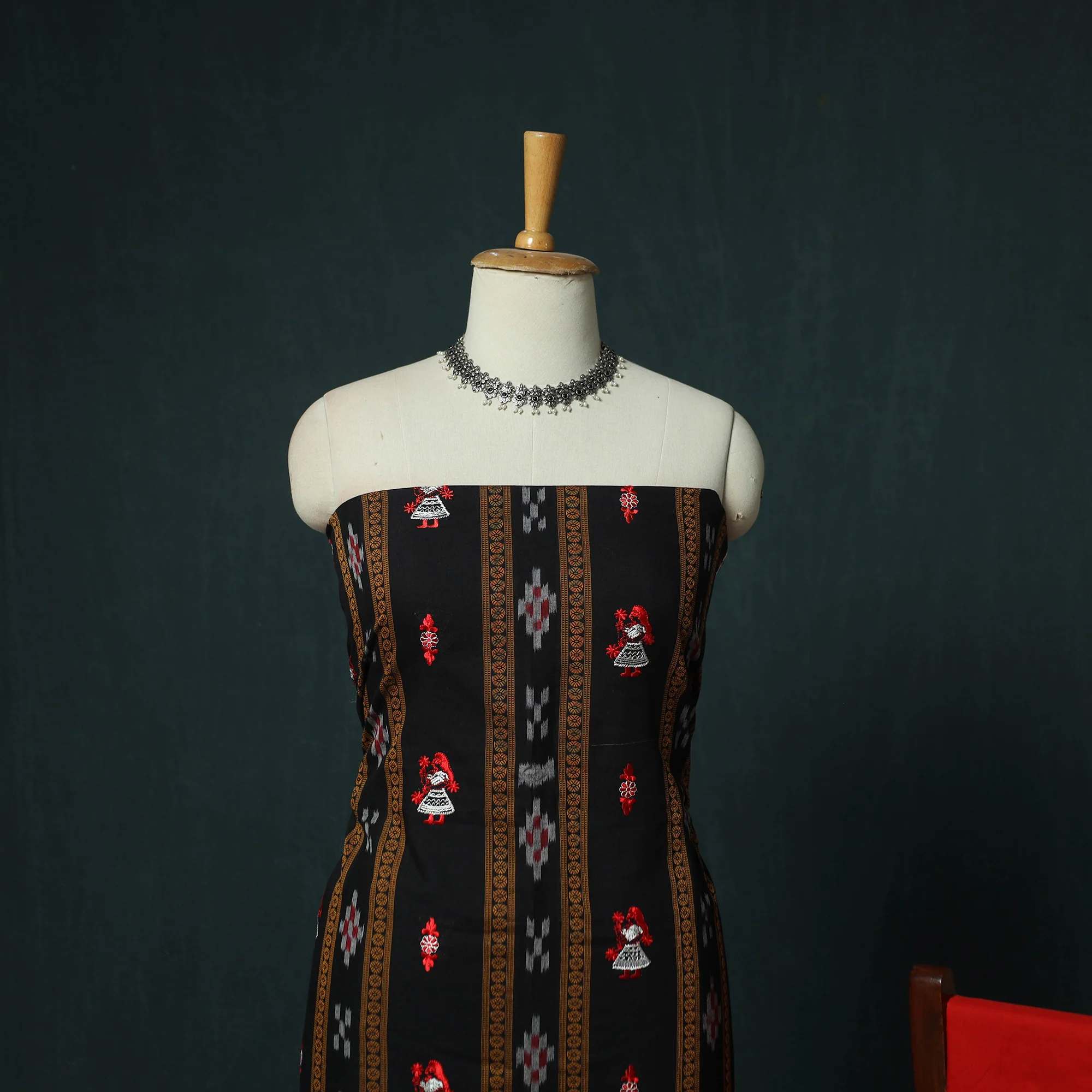 Sambalpuri Ikat Embroidered Cotton 3pc Unstitched Dress Material Suit Set 01 - Image 3