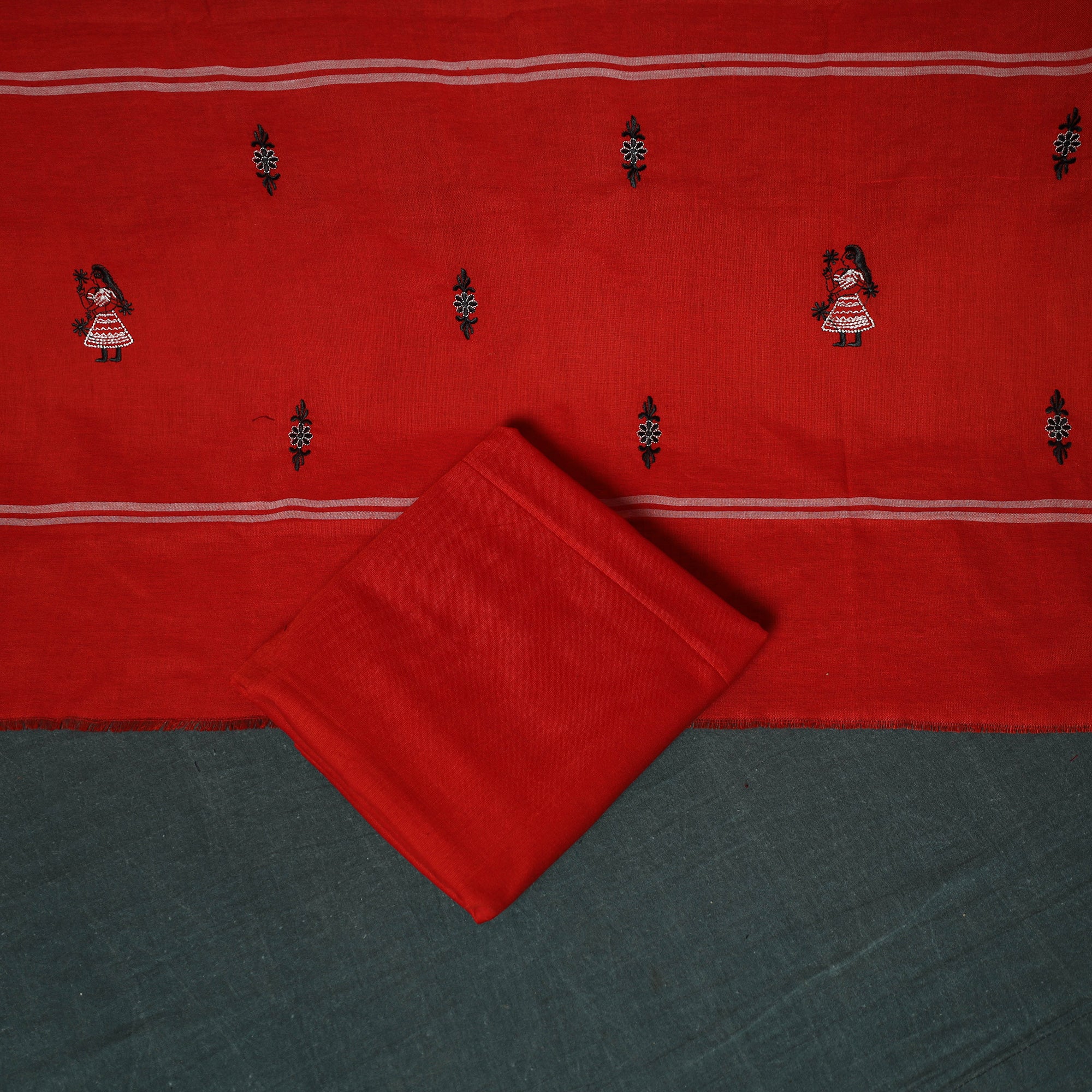 Sambalpuri Ikat Embroidered Cotton 3pc Unstitched Dress Material Suit Set 01 - Image 5