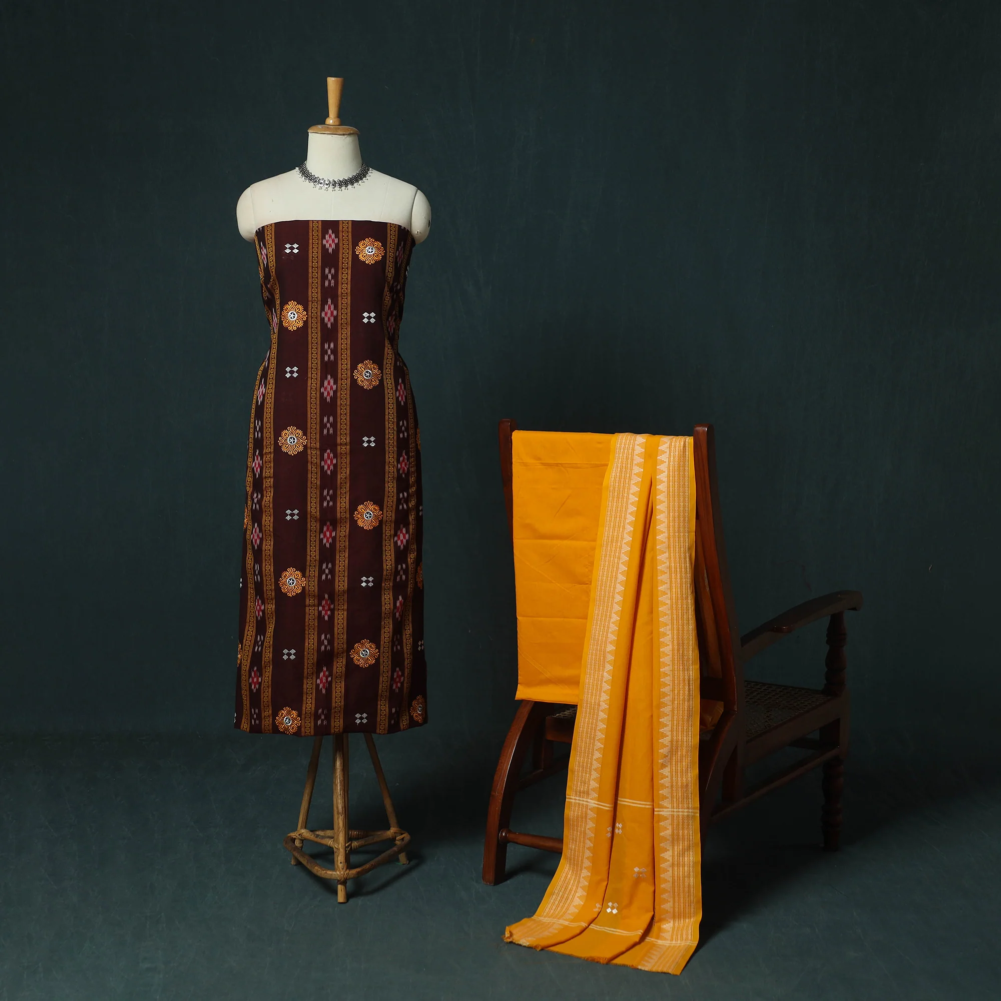 Sambalpuri Ikat Embroidered Cotton 3pc Unstitched Dress Material Suit Set 02 - Image 2