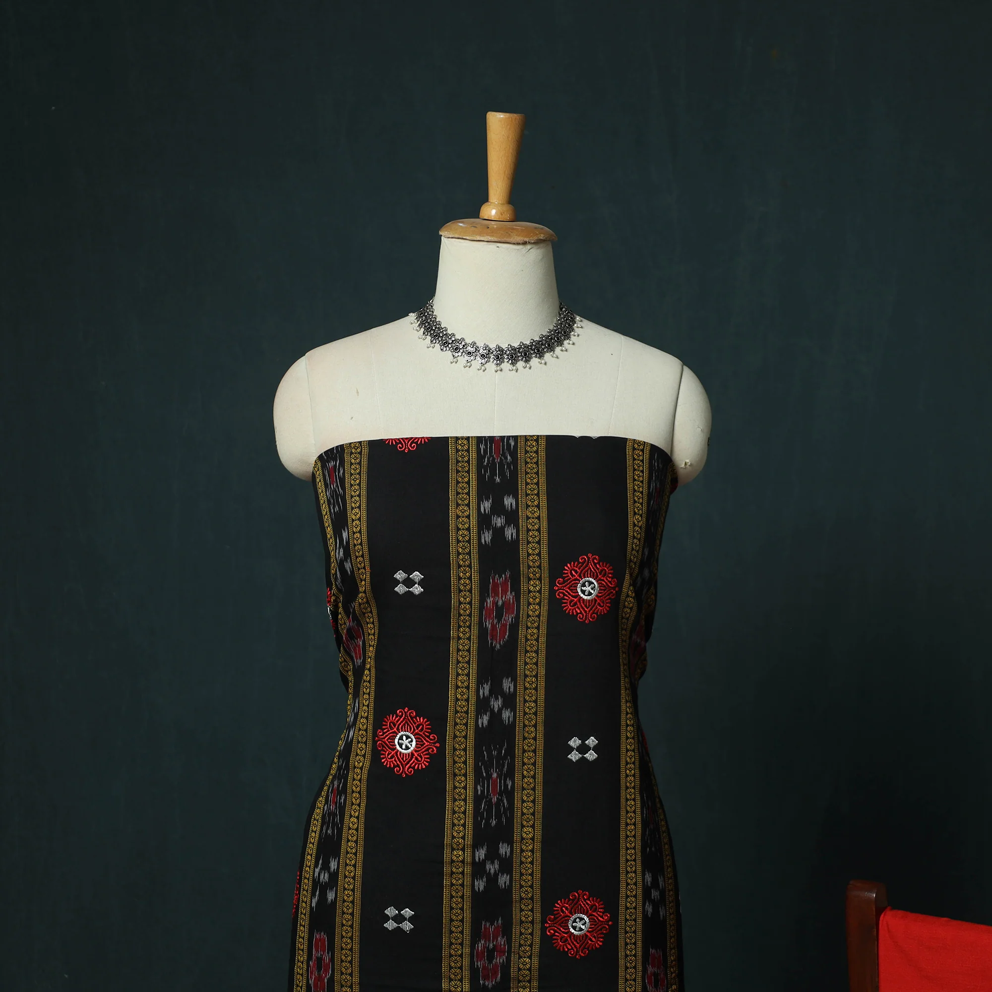 Sambalpuri Ikat Embroidered Cotton 3pc Unstitched Dress Material Suit Set 03 - Image 3