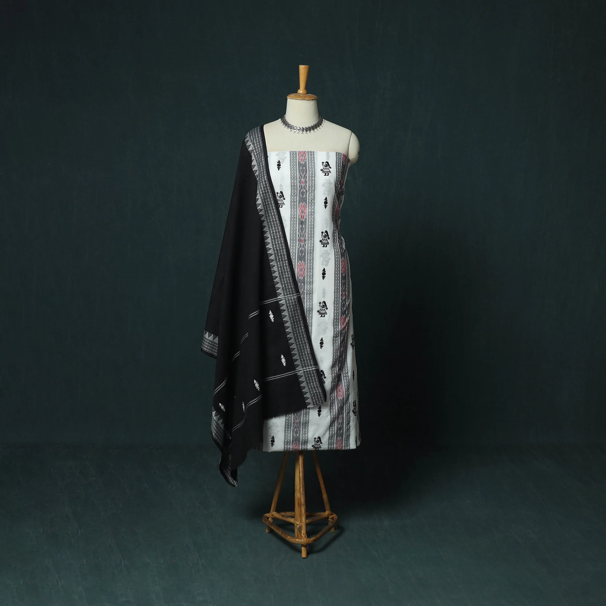 Sambalpuri Ikat Embroidered Cotton 3pc Unstitched Dress Material Suit Set 05