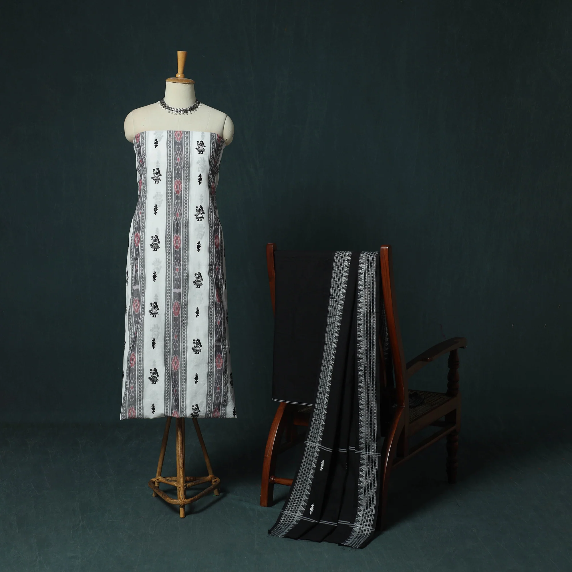 Sambalpuri Ikat Embroidered Cotton 3pc Unstitched Dress Material Suit Set 05 - Image 2