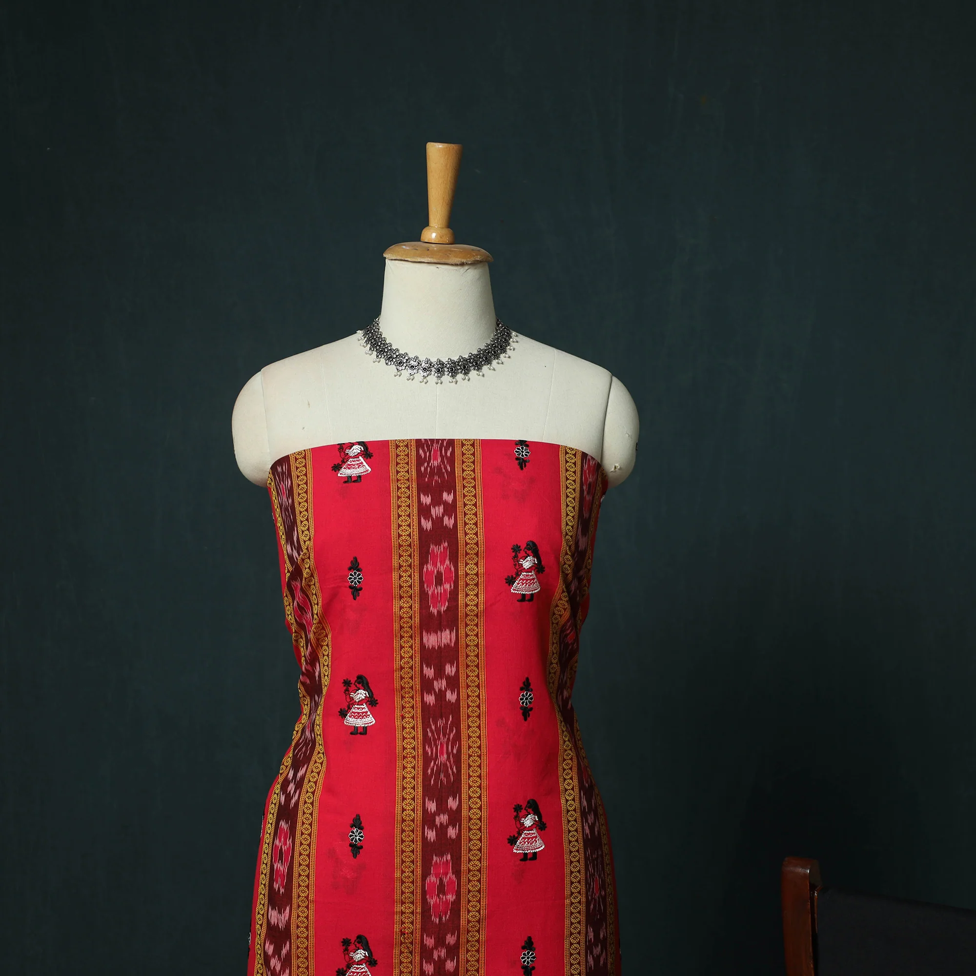 Sambalpuri Ikat Embroidered Cotton 3pc Unstitched Dress Material Suit Set 06 - Image 3