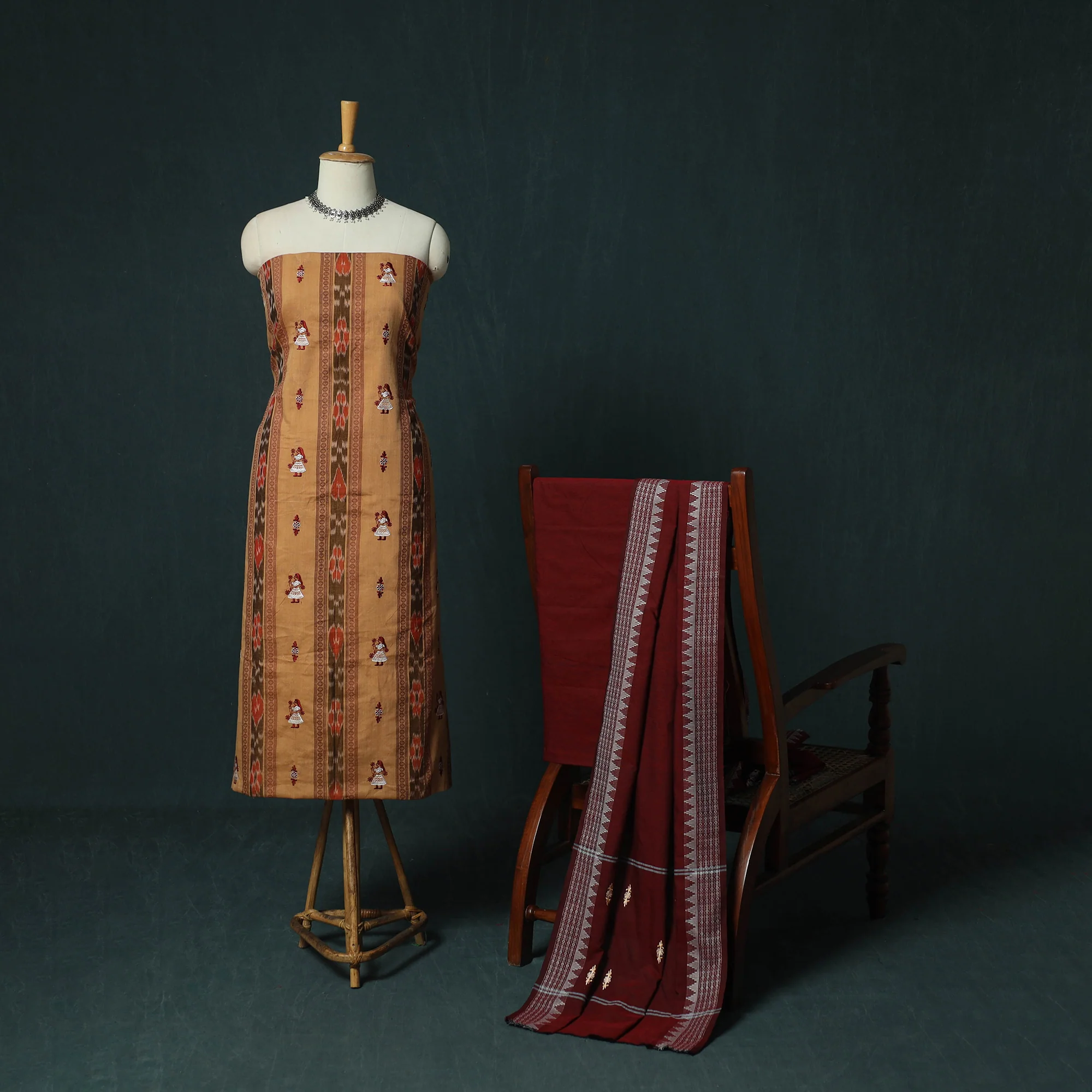 Sambalpuri Ikat Embroidered Cotton 3pc Unstitched Dress Material Suit Set 07 - Image 2