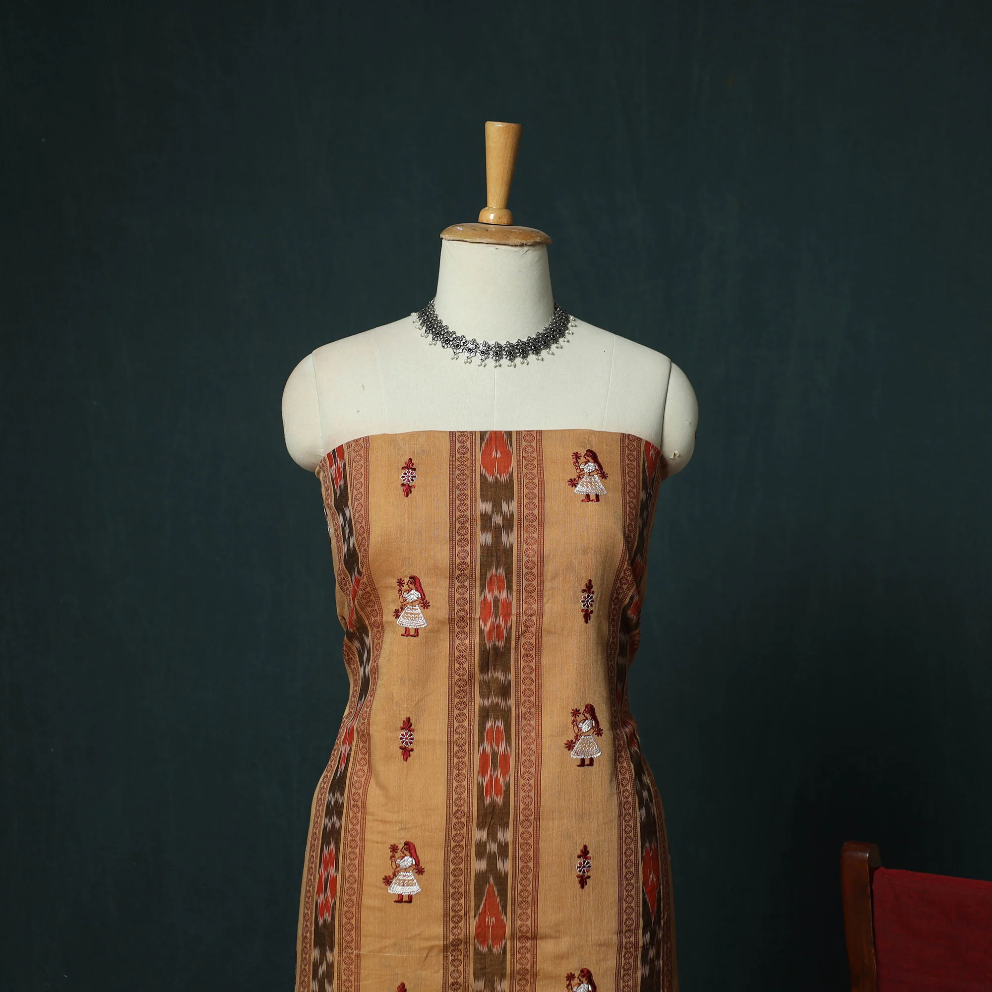 Sambalpuri Ikat Embroidered Cotton 3pc Unstitched Dress Material Suit Set 07 - Image 3