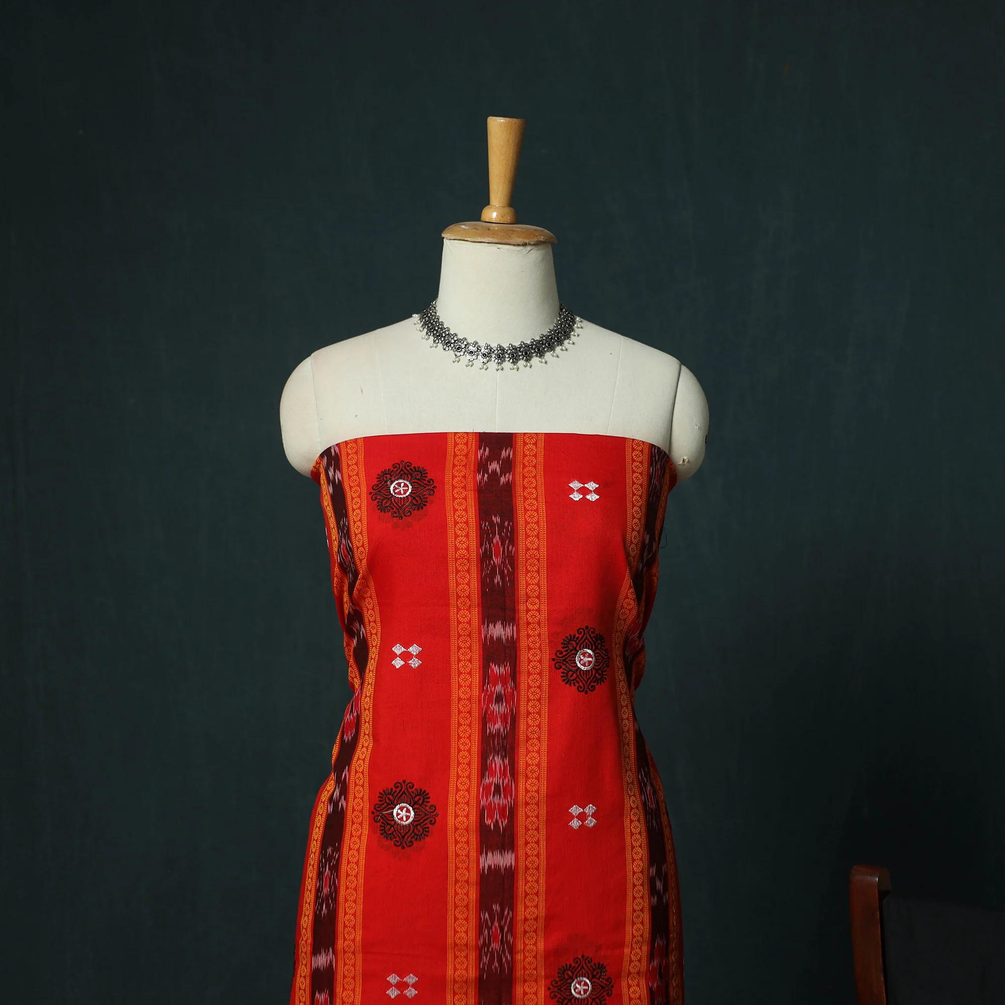 Sambalpuri Ikat Embroidered Cotton 3pc Unstitched Dress Material Suit Set 08 - Image 3