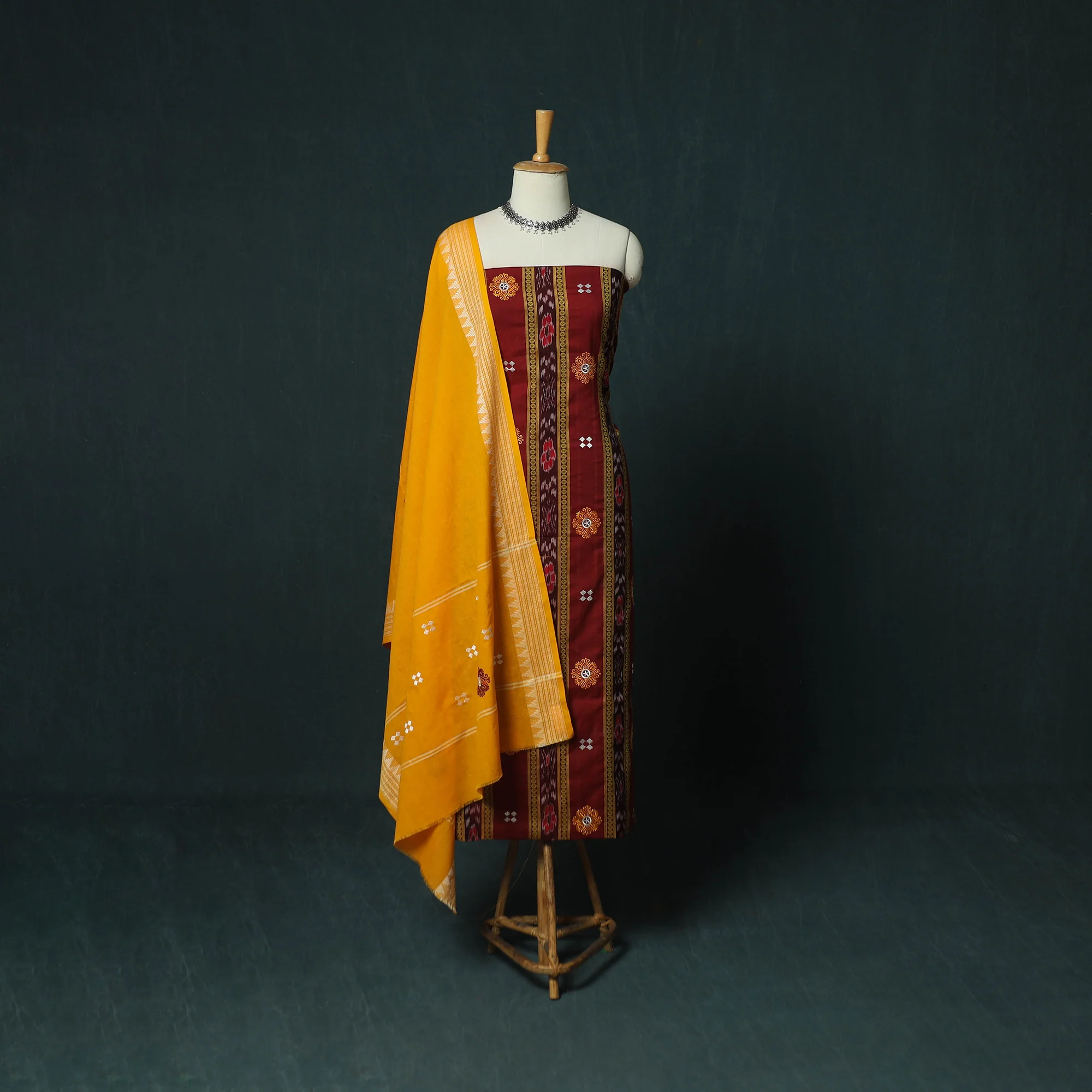 Sambalpuri Ikat Embroidered Cotton 3pc Unstitched Dress Material Suit Set 09