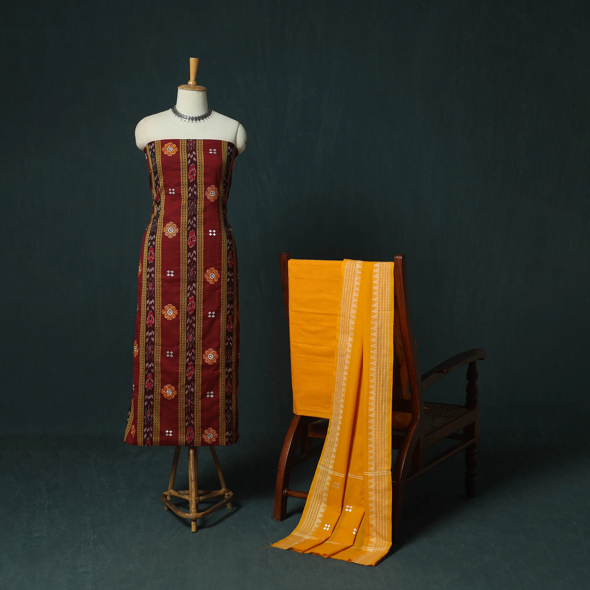Sambalpuri Ikat Embroidered Cotton 3pc Unstitched Dress Material Suit Set 09 - Image 2