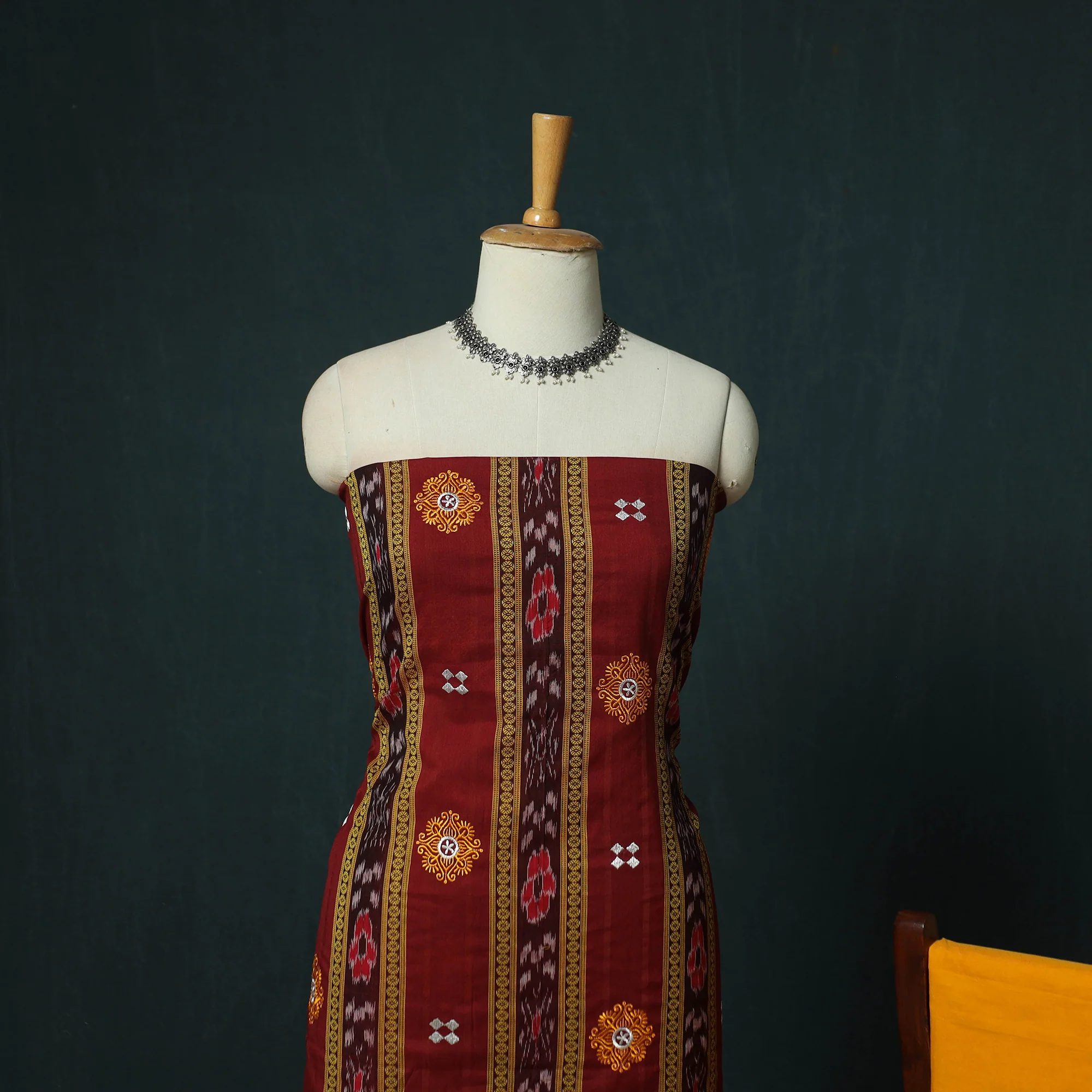 Sambalpuri Ikat Embroidered Cotton 3pc Unstitched Dress Material Suit Set 09 - Image 3