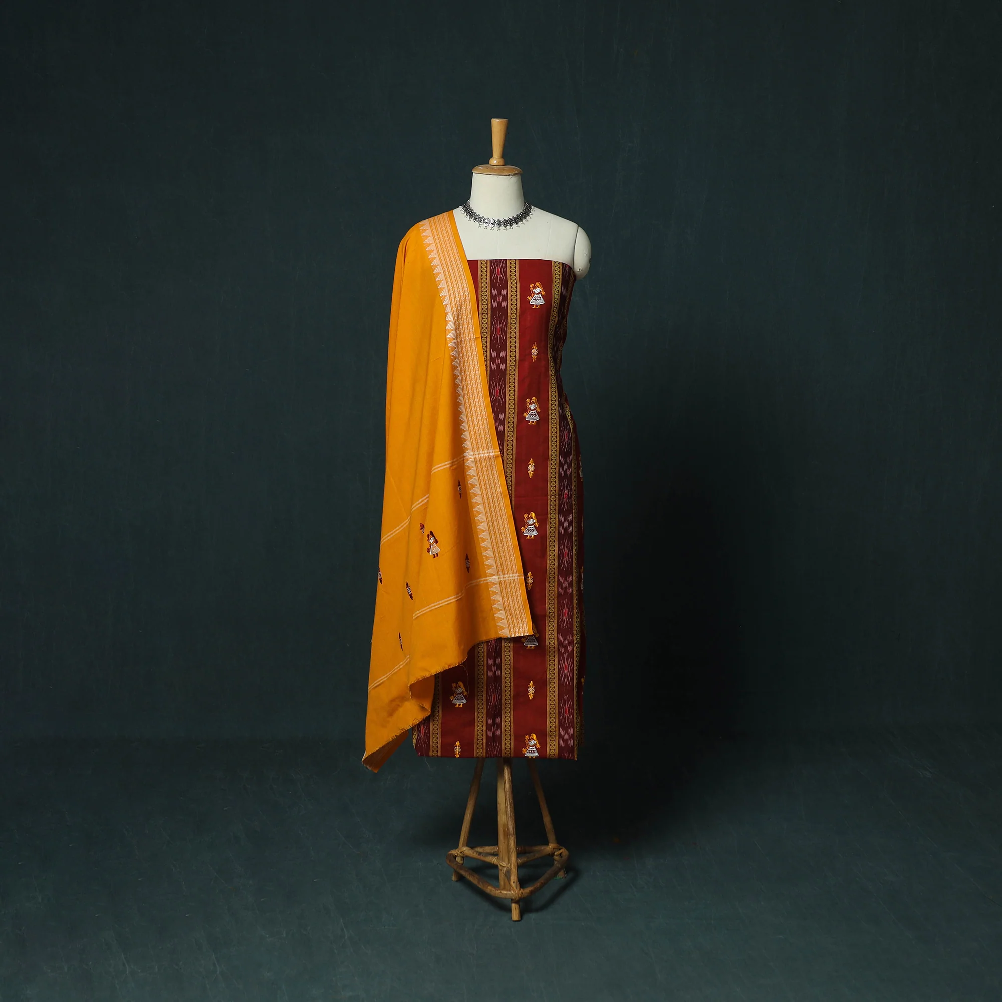 Sambalpuri Ikat Embroidered Cotton 3pc Unstitched Dress Material Suit Set 11