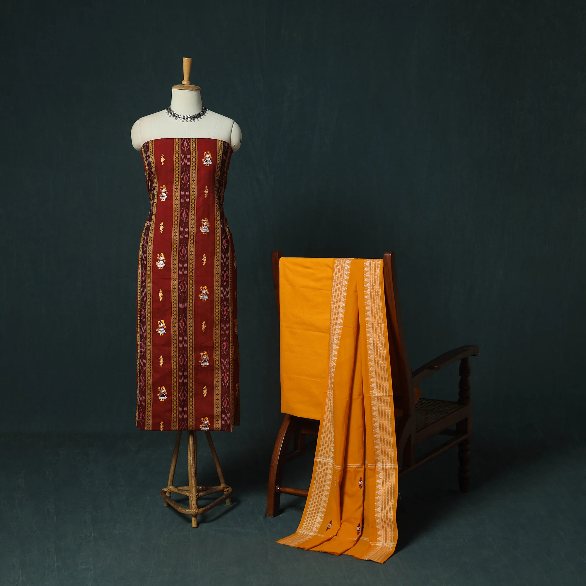 Sambalpuri Ikat Embroidered Cotton 3pc Unstitched Dress Material Suit Set 11 - Image 2