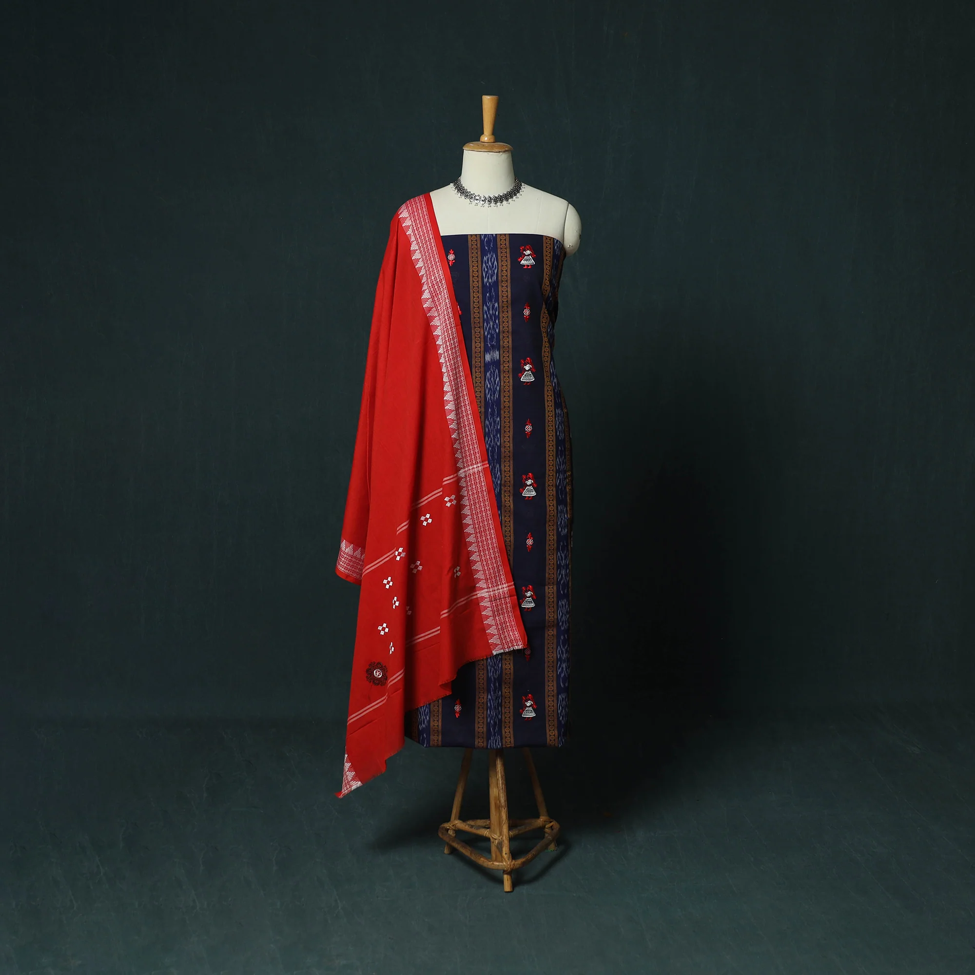 Sambalpuri Ikat Embroidered Cotton 3pc Unstitched Dress Material Suit Set 12