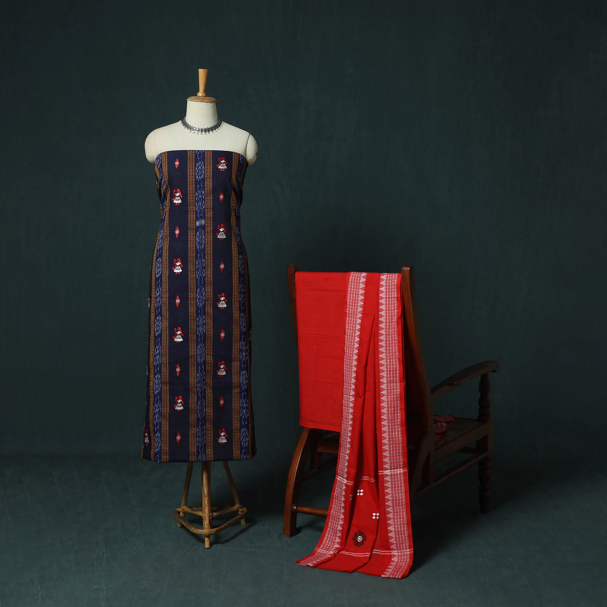 Sambalpuri Ikat Embroidered Cotton 3pc Unstitched Dress Material Suit Set 12 - Image 2