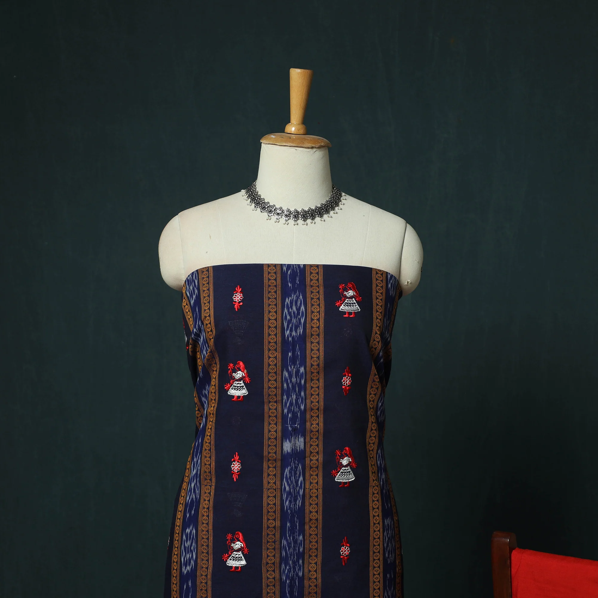 Sambalpuri Ikat Embroidered Cotton 3pc Unstitched Dress Material Suit Set 12 - Image 3
