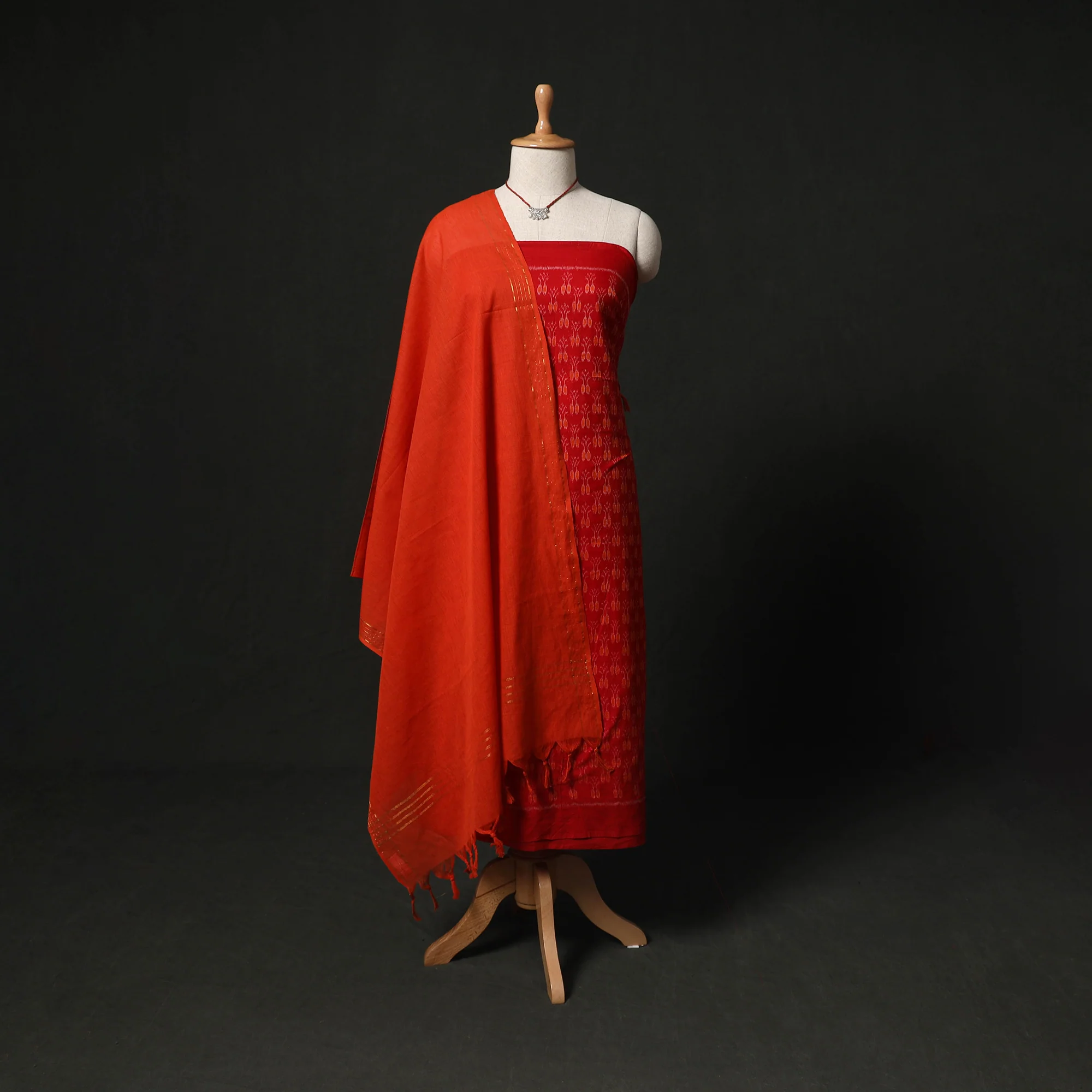 Sambalpuri Ikat Woven 2pc Cotton Unstitched Dress Material Kurta Set with Jewellery 13