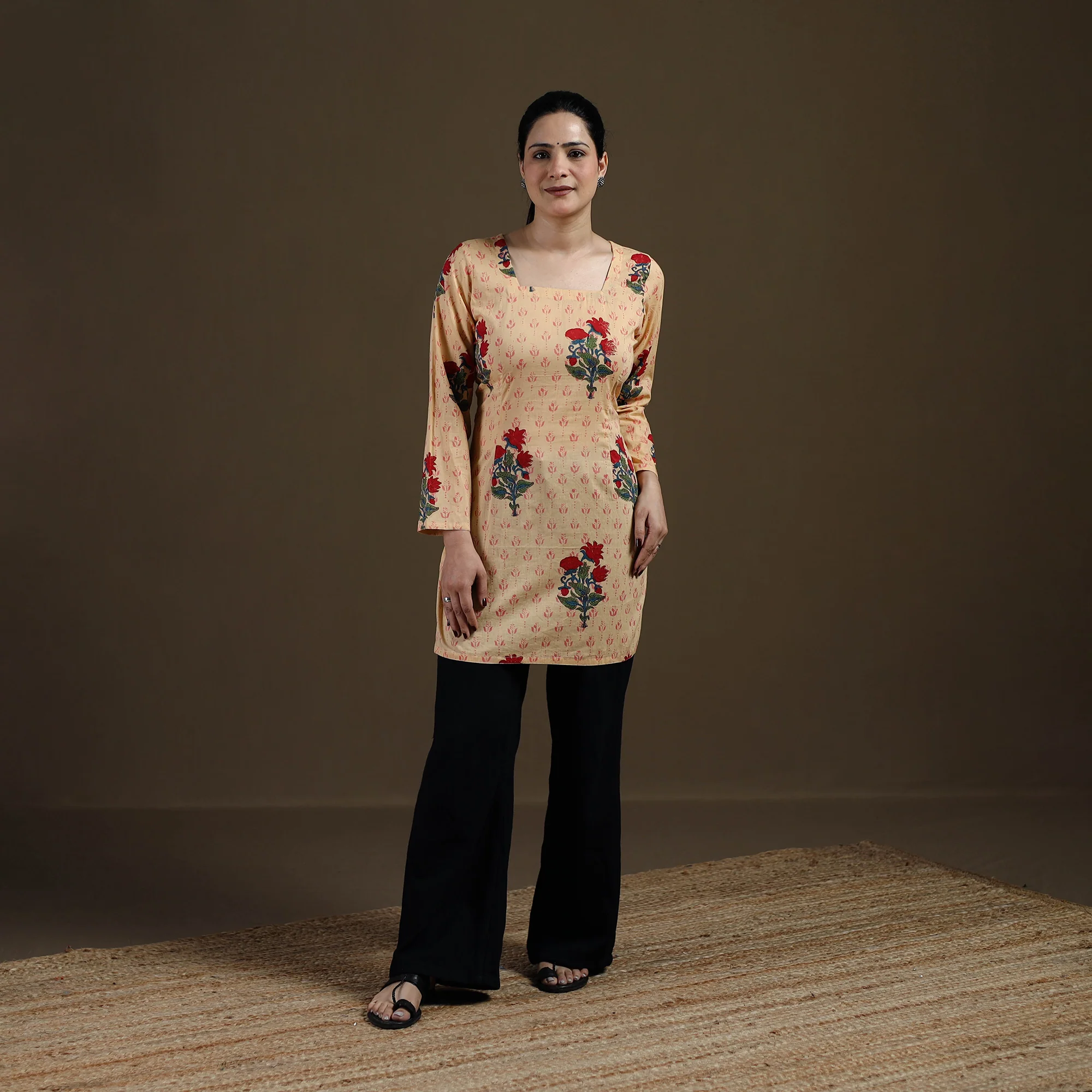 Beige - Sanganeri Hand Block Mughal Butta Print Cotton Short Kurta for women 13