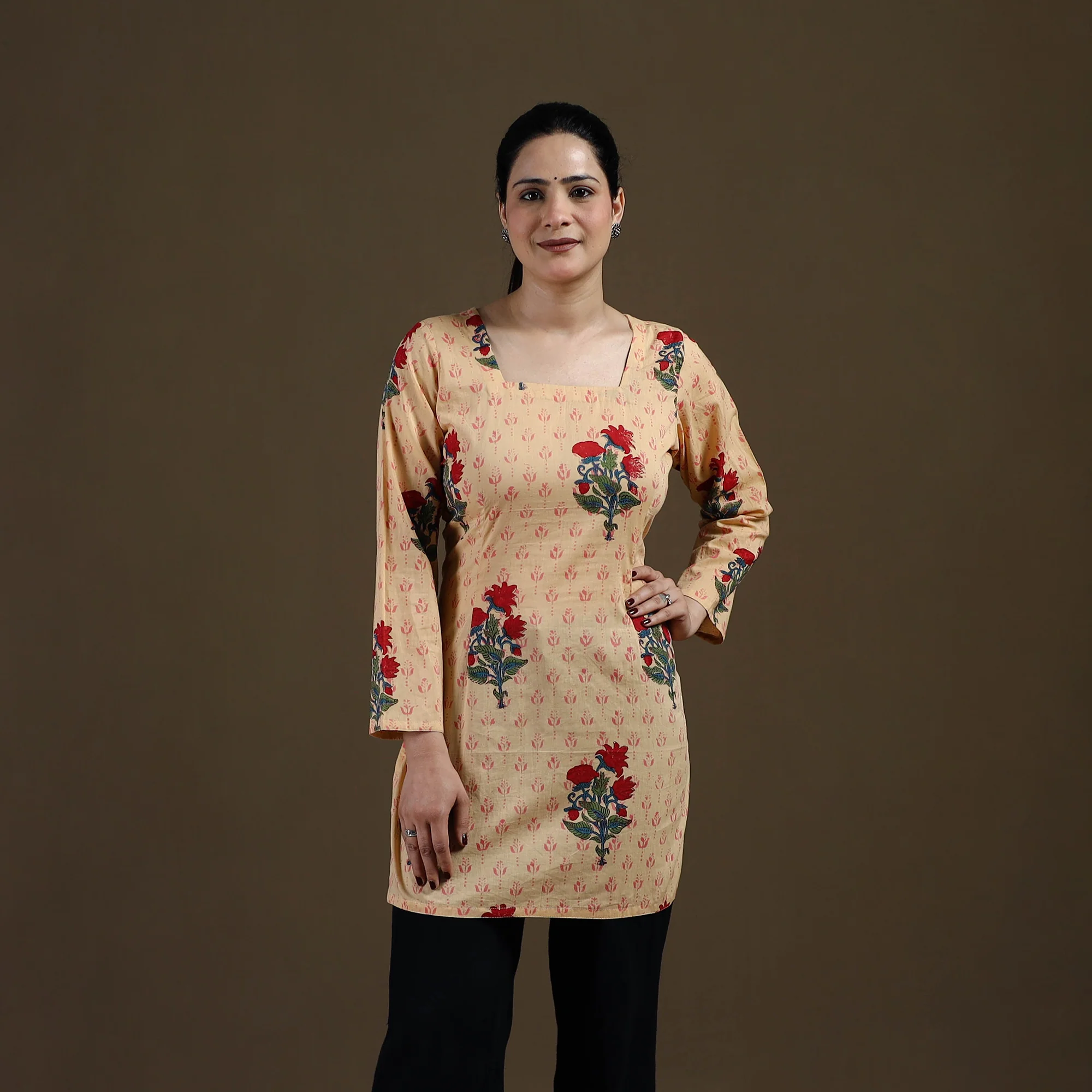 Beige - Sanganeri Hand Block Mughal Butta Print Cotton Short Kurta for women 13 - Image 2