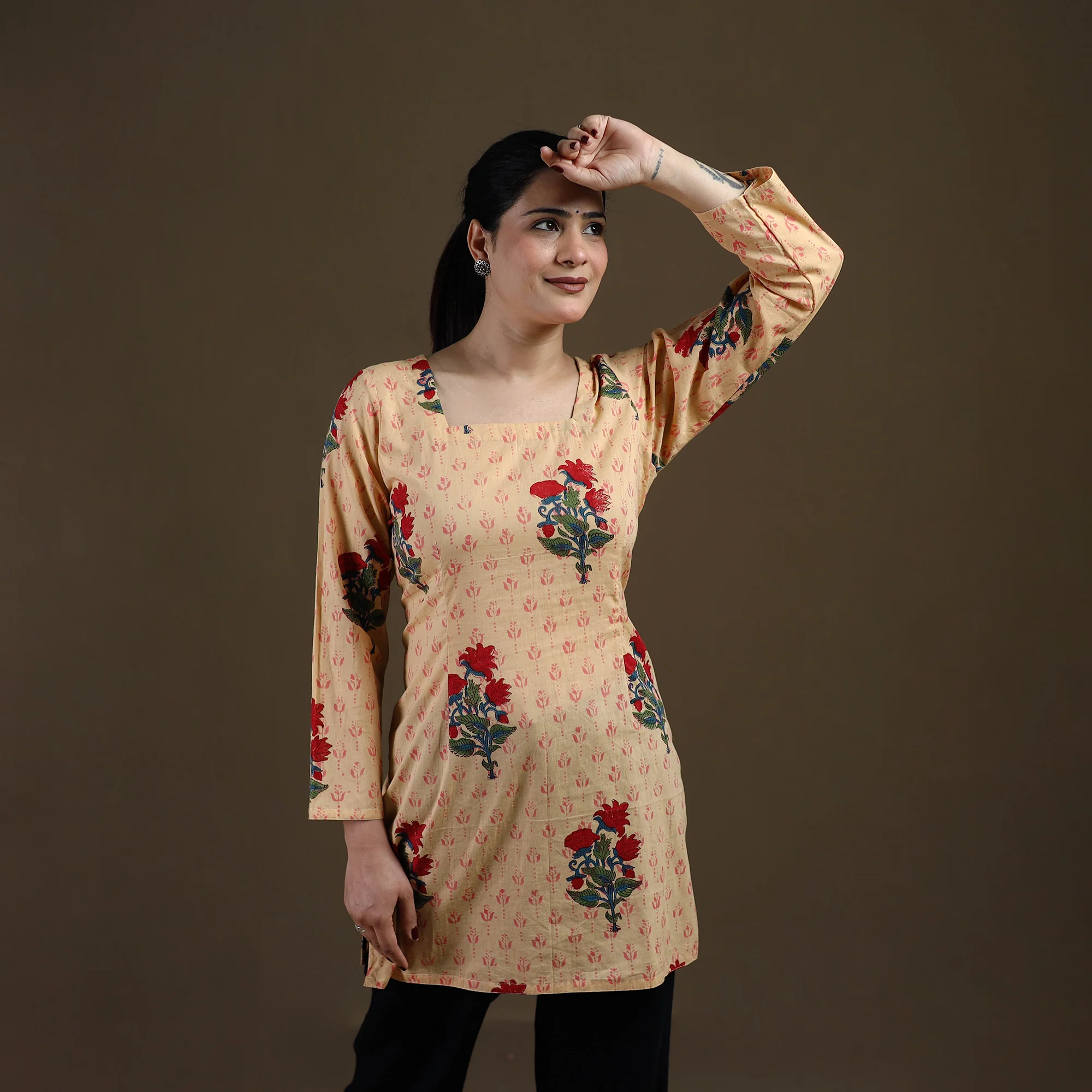 Beige - Sanganeri Hand Block Mughal Butta Print Cotton Short Kurta for women 13 - Image 3
