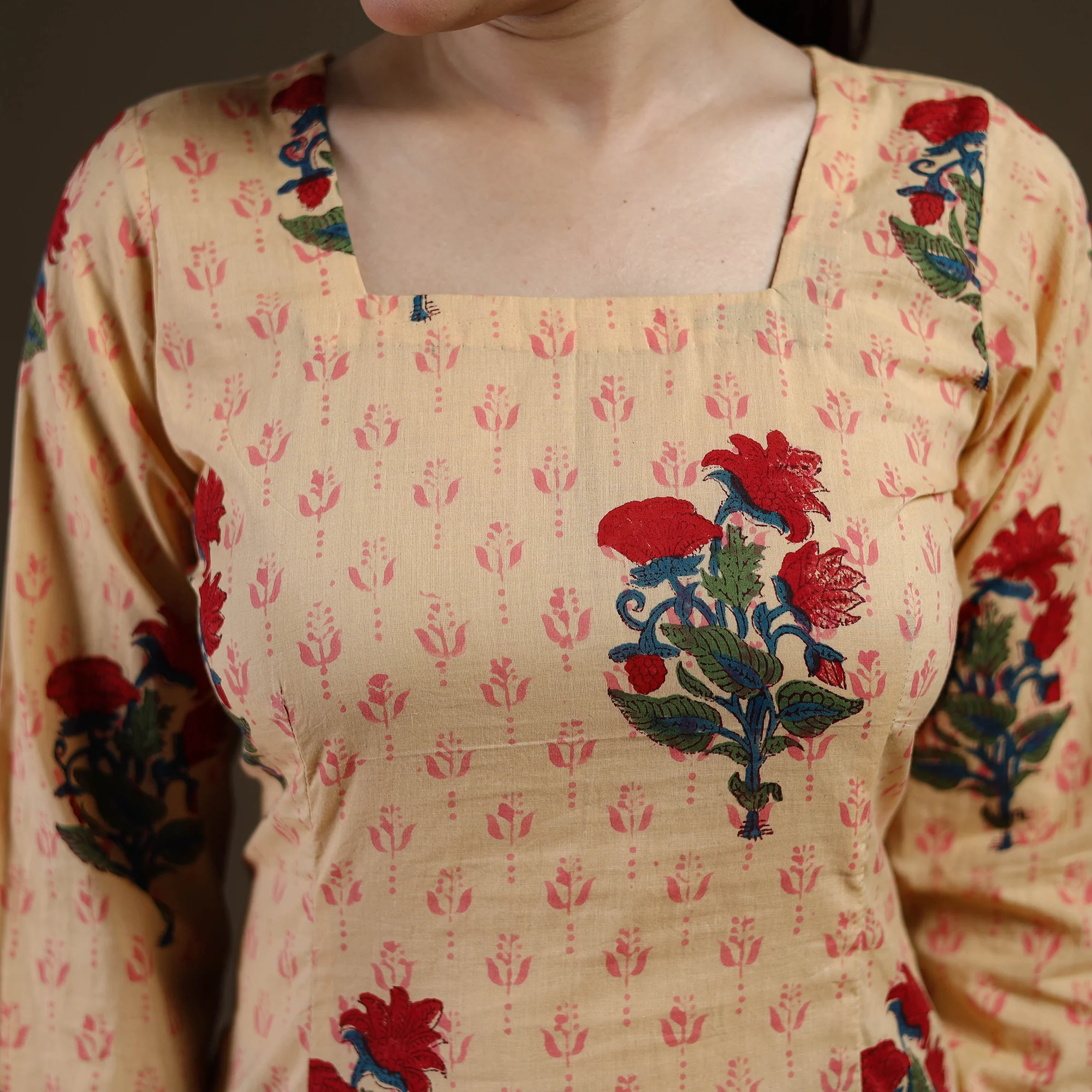 Beige - Sanganeri Hand Block Mughal Butta Print Cotton Short Kurta for women 13 - Image 4