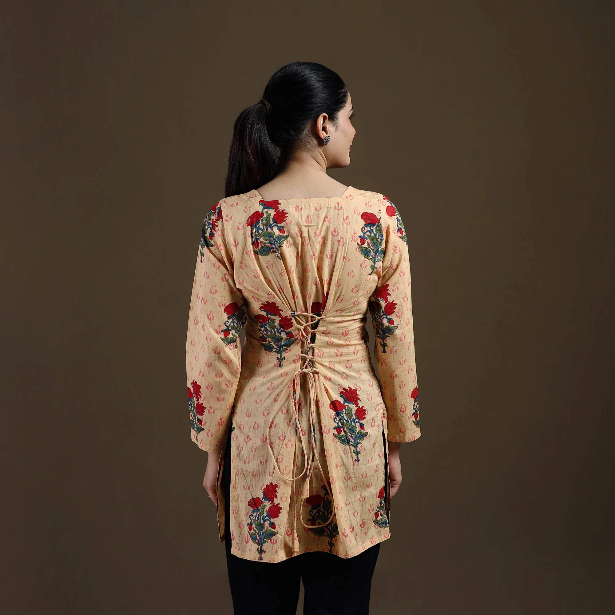 Beige - Sanganeri Hand Block Mughal Butta Print Cotton Short Kurta for women 13 - Image 5