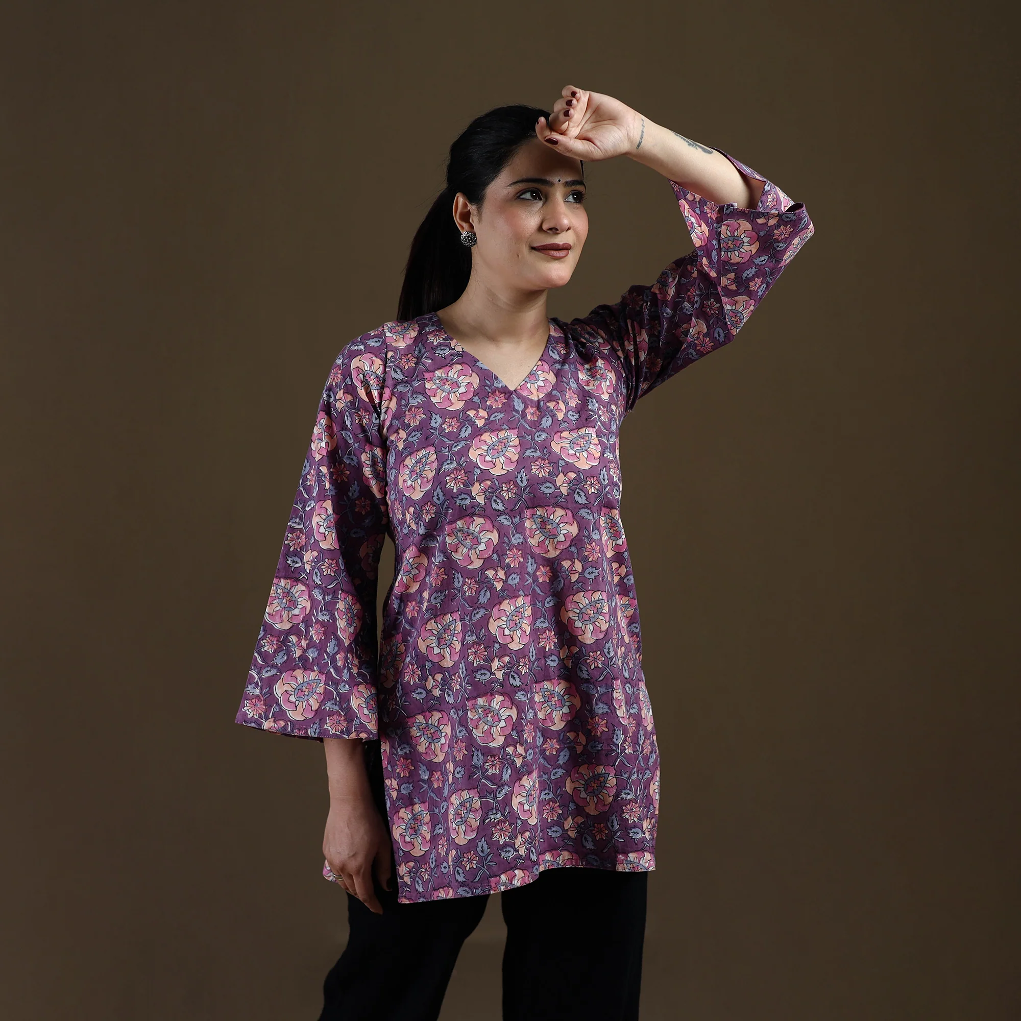 Purple - Sanganeri Hand Block Print Cotton Short Kurta for women 02 - Image 3