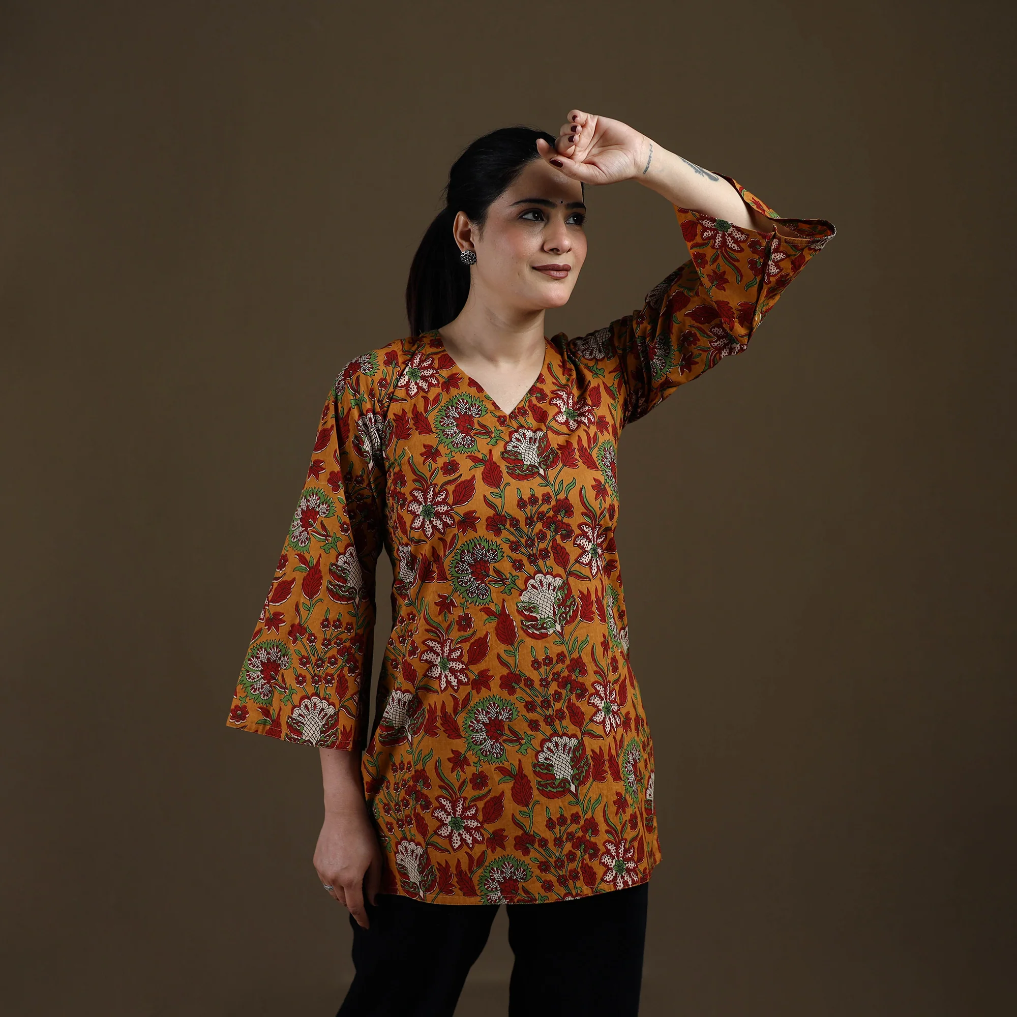 Yellow - Sanganeri Hand Block Print Cotton Short Kurta for women 04 - Image 3