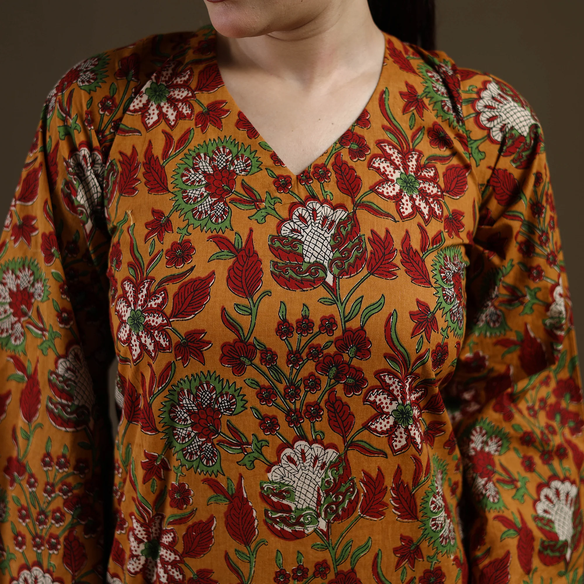 Yellow - Sanganeri Hand Block Print Cotton Short Kurta for women 04 - Image 4
