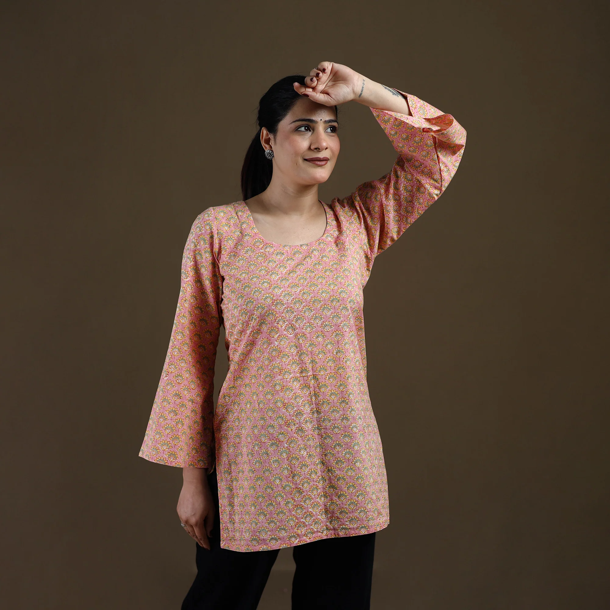 Pink - Sanganeri Hand Block Print Cotton Short Kurta for women 07 - Image 3