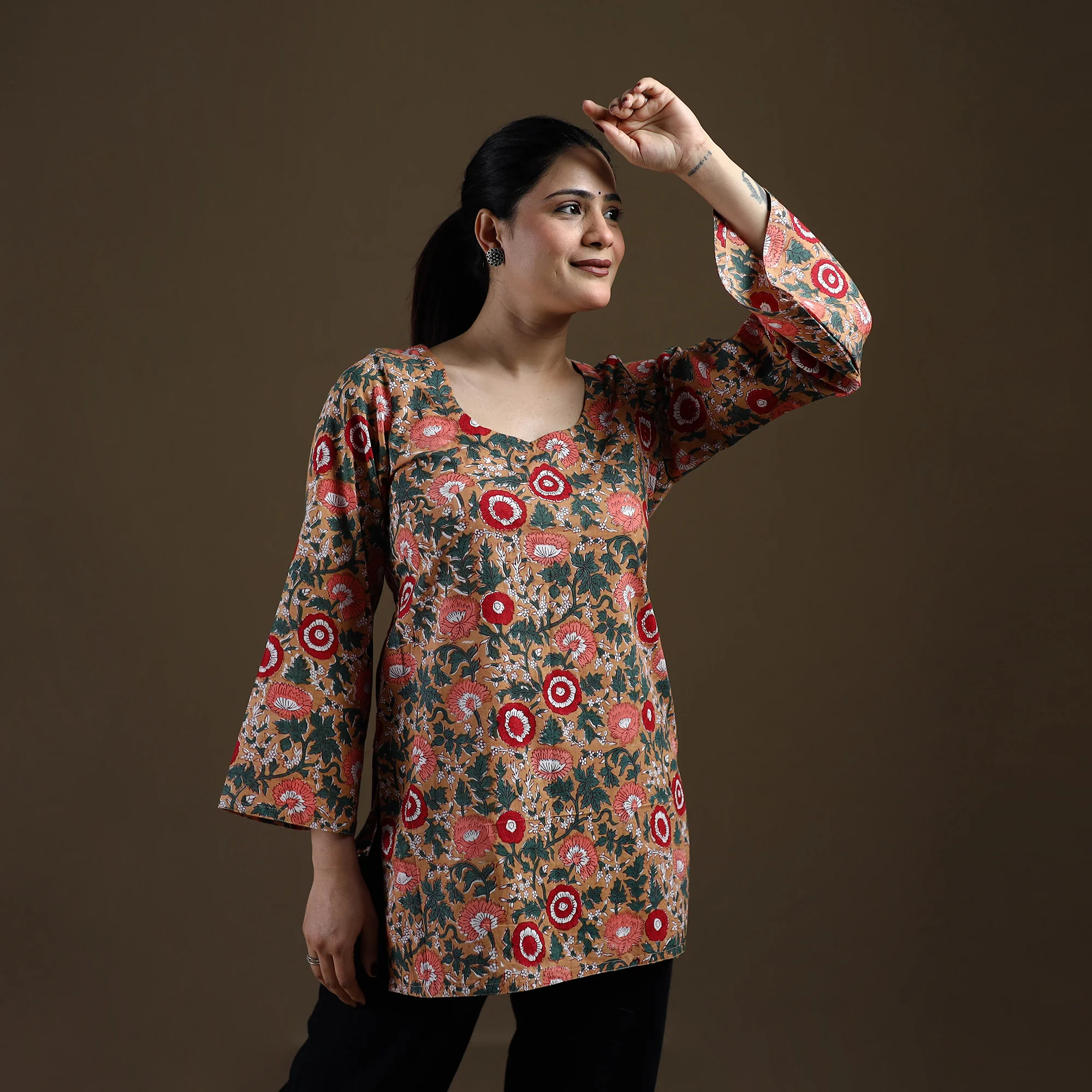 Brown - Sanganeri Hand Block Print Cotton Short Kurta for women 08 - Image 3