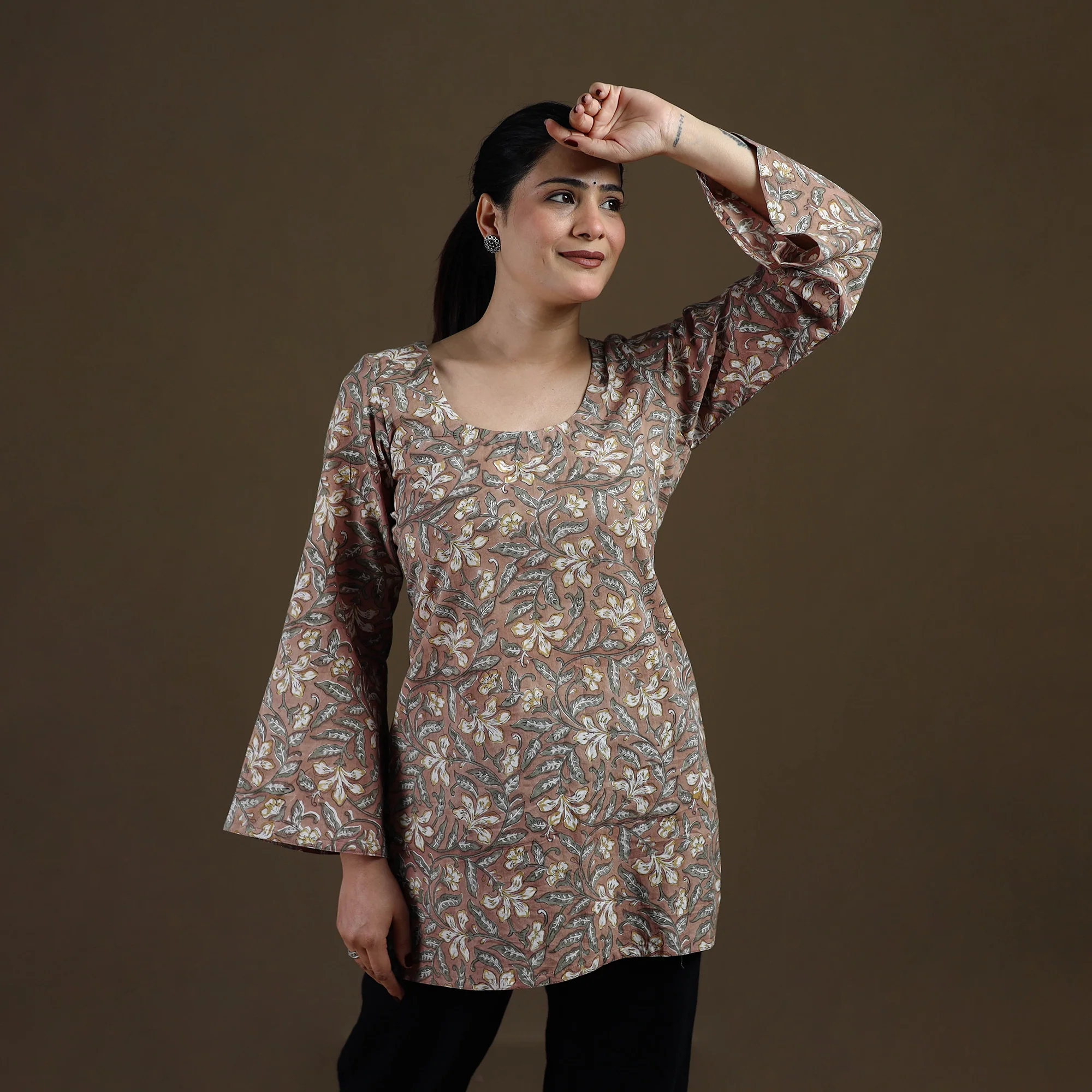 Brown - Sanganeri Hand Block Print Cotton Short Kurta for women 10 - Image 3