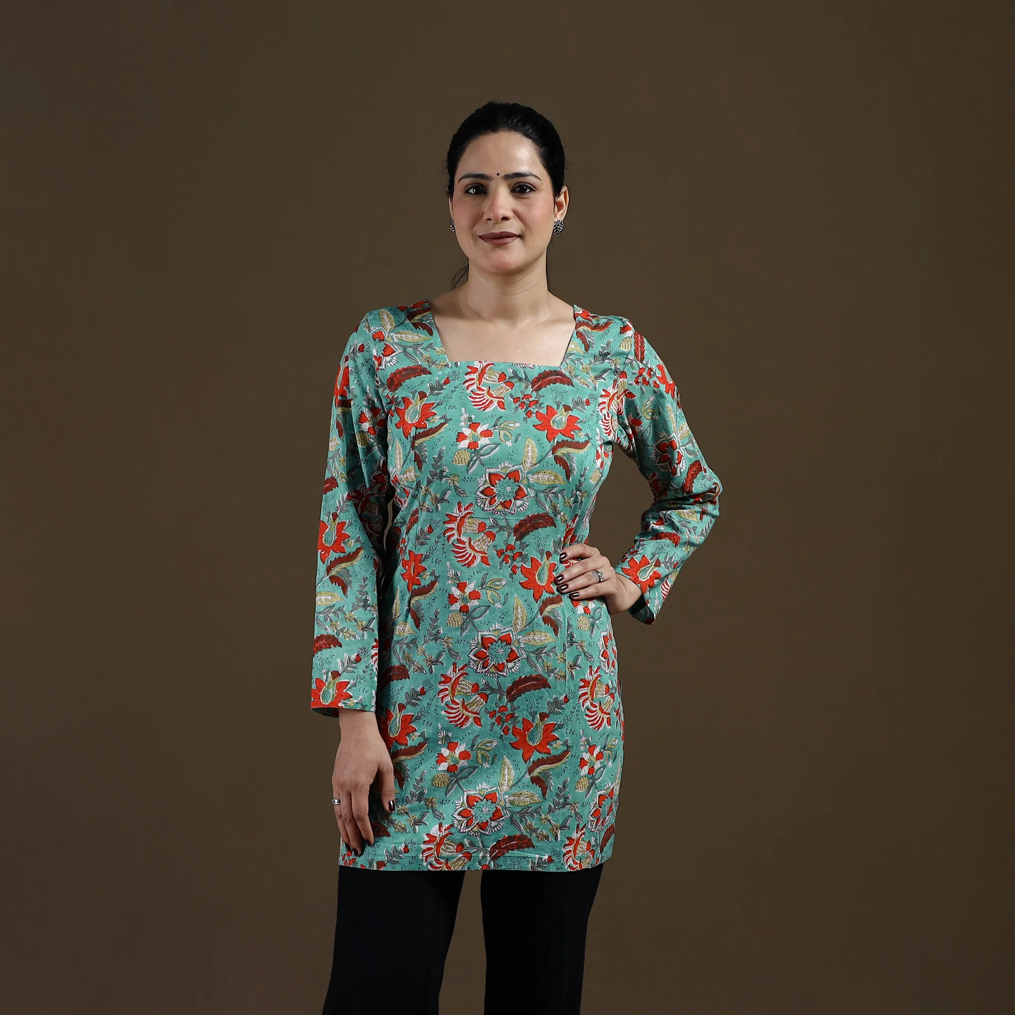 Green - Sanganeri Hand Block Print Cotton Short Kurta for women 11 - Image 2