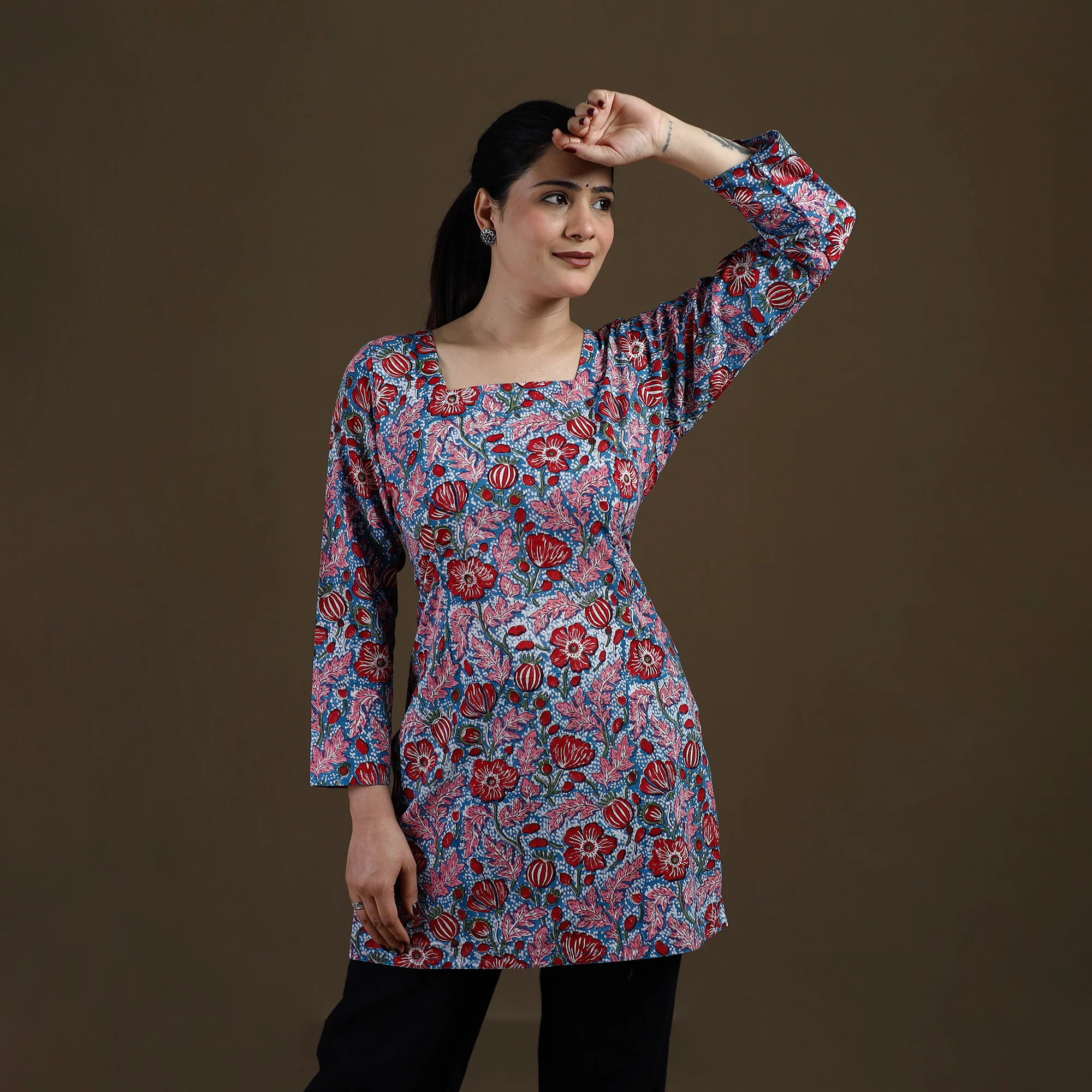 Blue - Sanganeri Hand Block Print Cotton Short Kurta for women 12 - Image 3
