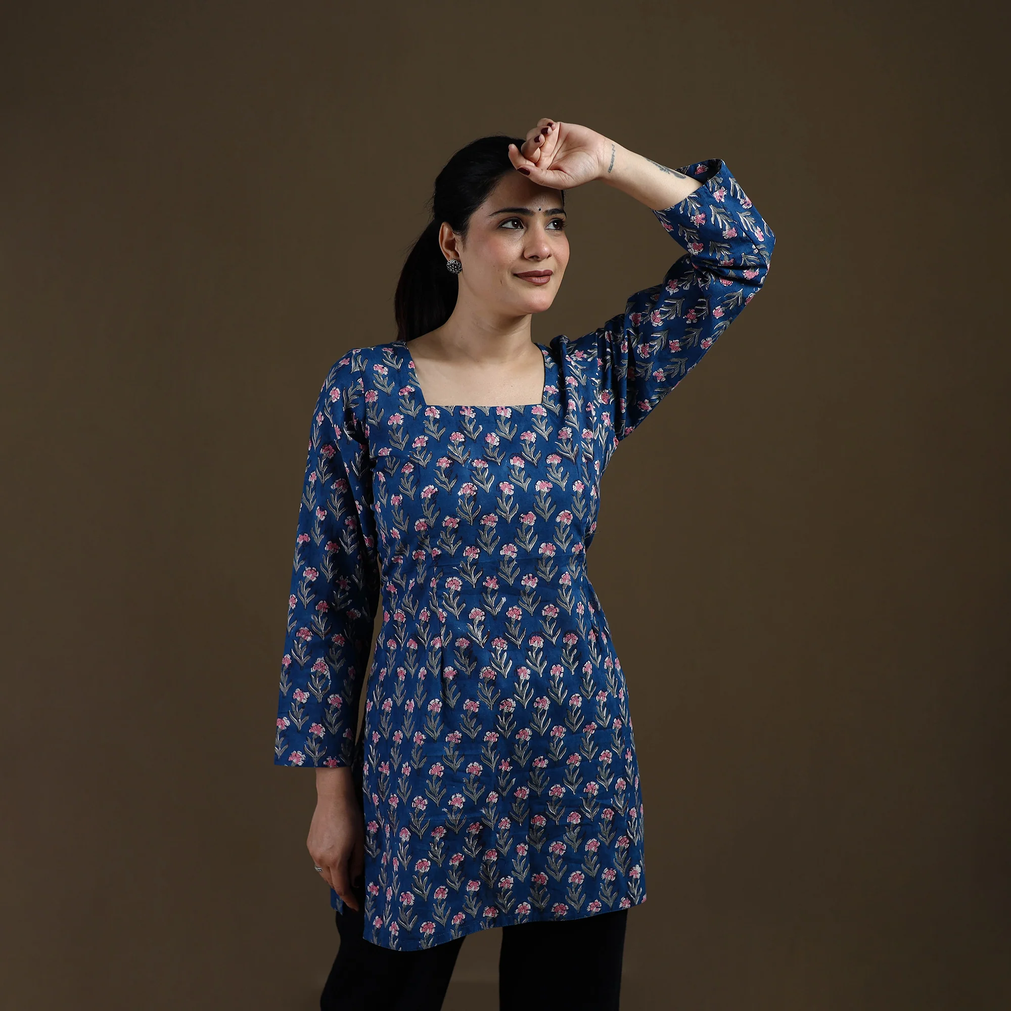 Blue - Sanganeri Hand Block Print Cotton Short Kurta for women 15 - Image 3