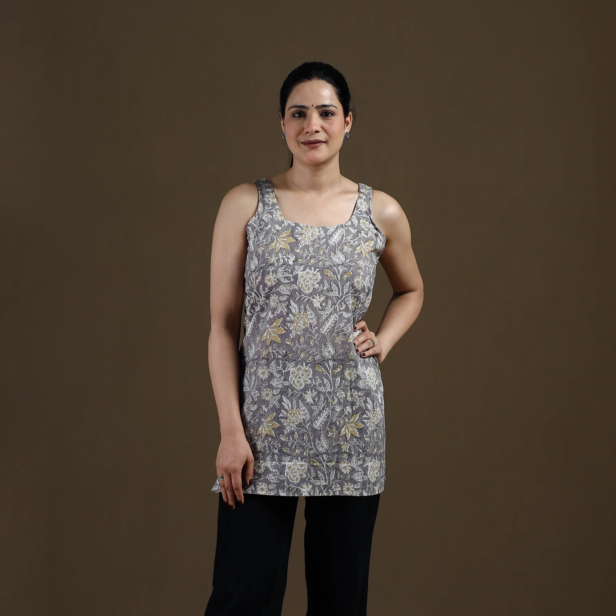 Grey - Sanganeri Hand Block Print Cotton Short Kurta for women 17 - Image 2